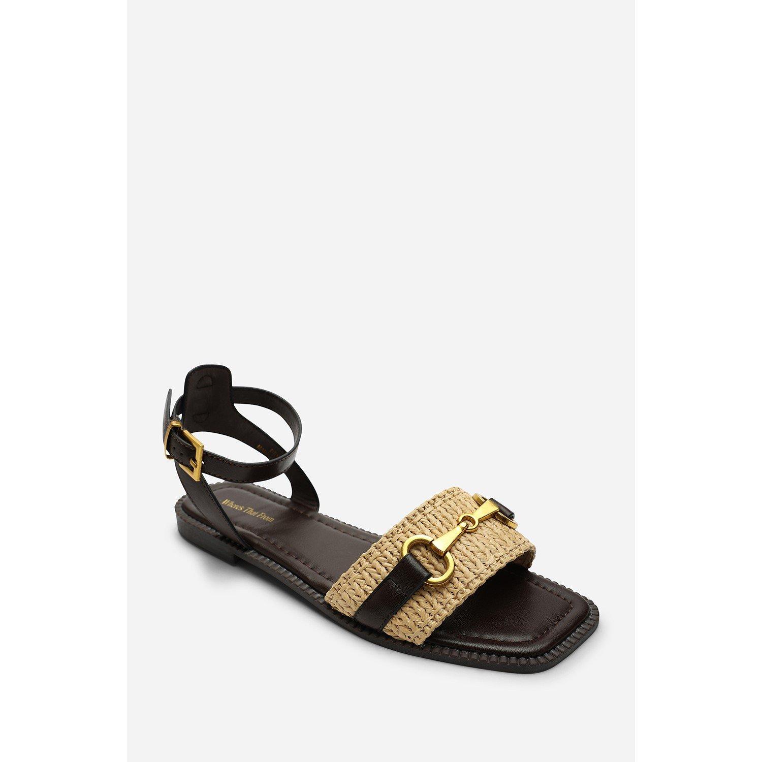 Dark Brown - Wheres That From - Catelyn PU Straw Detail Strap Sandals with Buckle - 3