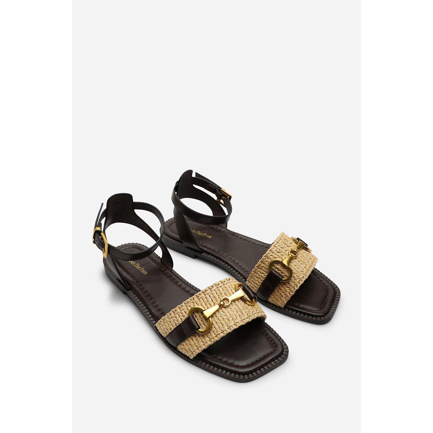 Dark Brown - Wheres That From - Catelyn PU Straw Detail Strap Sandals with Buckle - 4