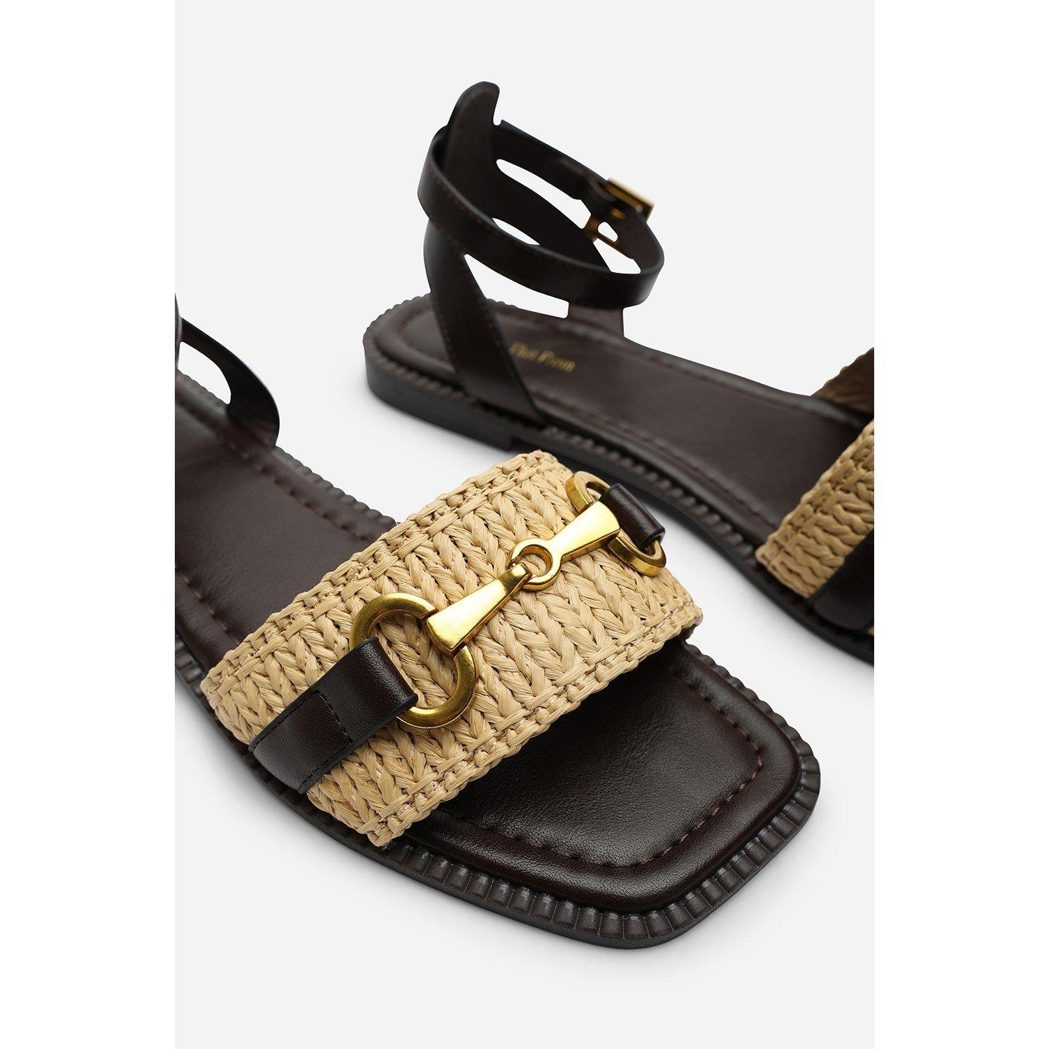 Dark Brown - Wheres That From - Catelyn PU Straw Detail Strap Sandals with Buckle - 5