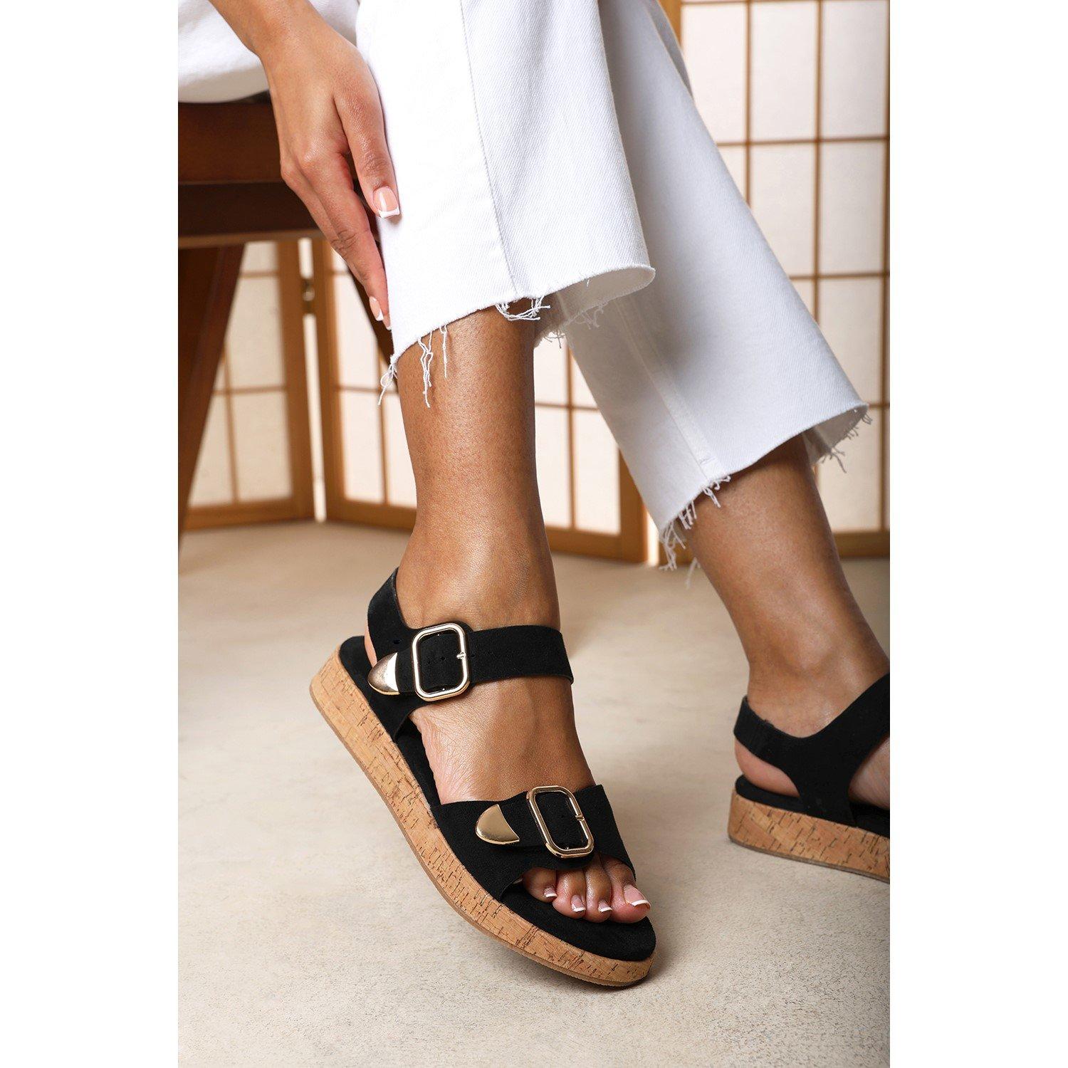 Black - Wheres That From - Iridia Double Buckle Black Suede Low Wedge Sandal - 2