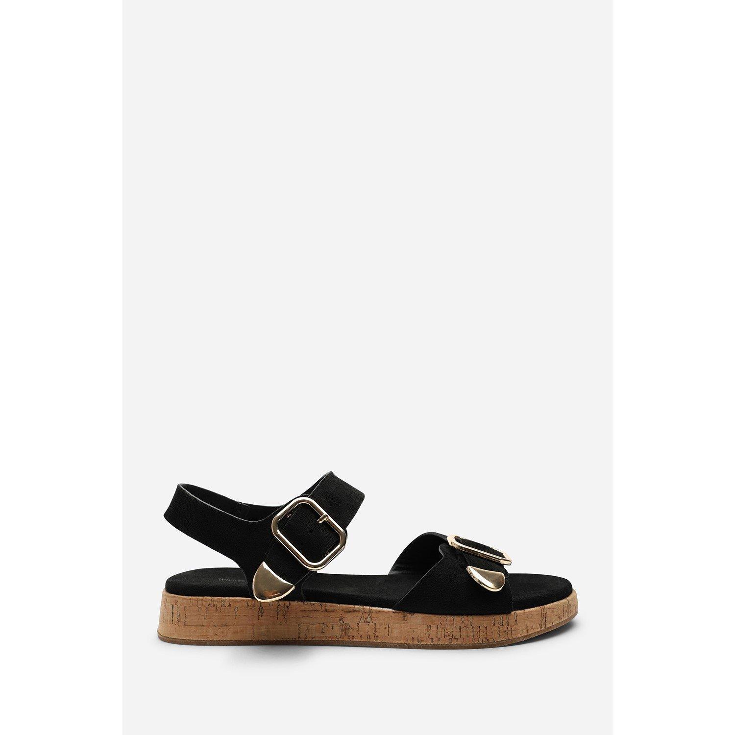 Black - Wheres That From - Iridia Double Buckle Black Suede Low Wedge Sandal - 3