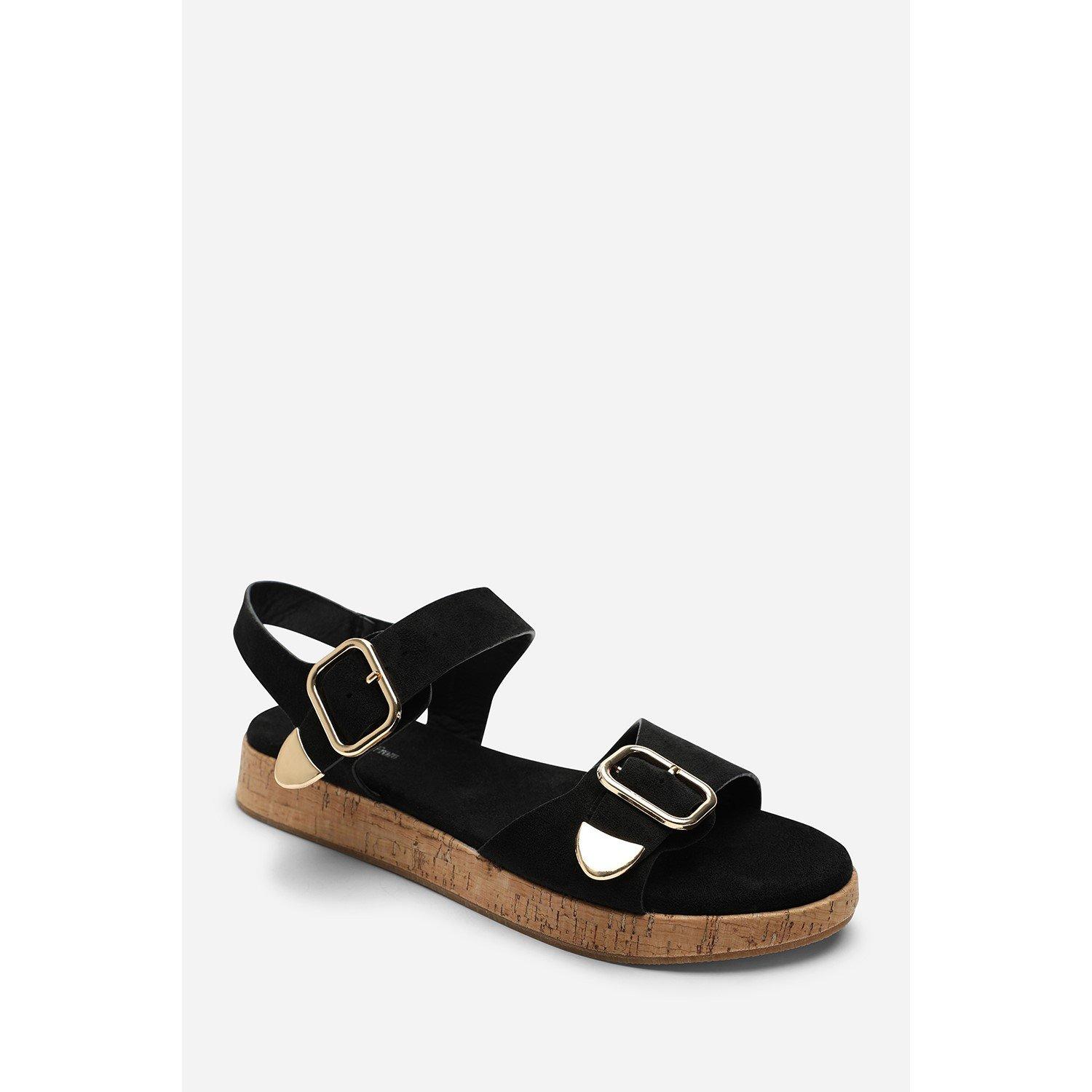 Black - Wheres That From - Iridia Double Buckle Black Suede Low Wedge Sandal - 4