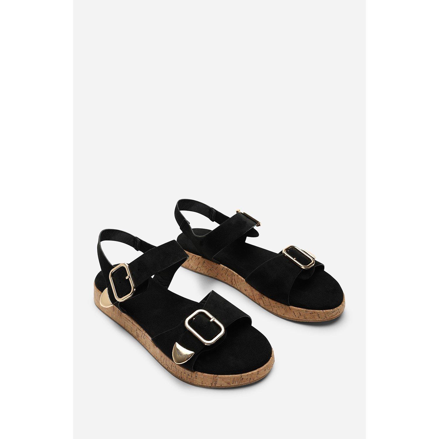 Black - Wheres That From - Iridia Double Buckle Black Suede Low Wedge Sandal - 5