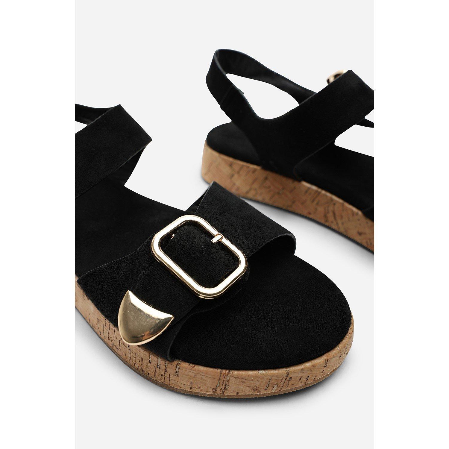 Black - Wheres That From - Iridia Double Buckle Black Suede Low Wedge Sandal - 6