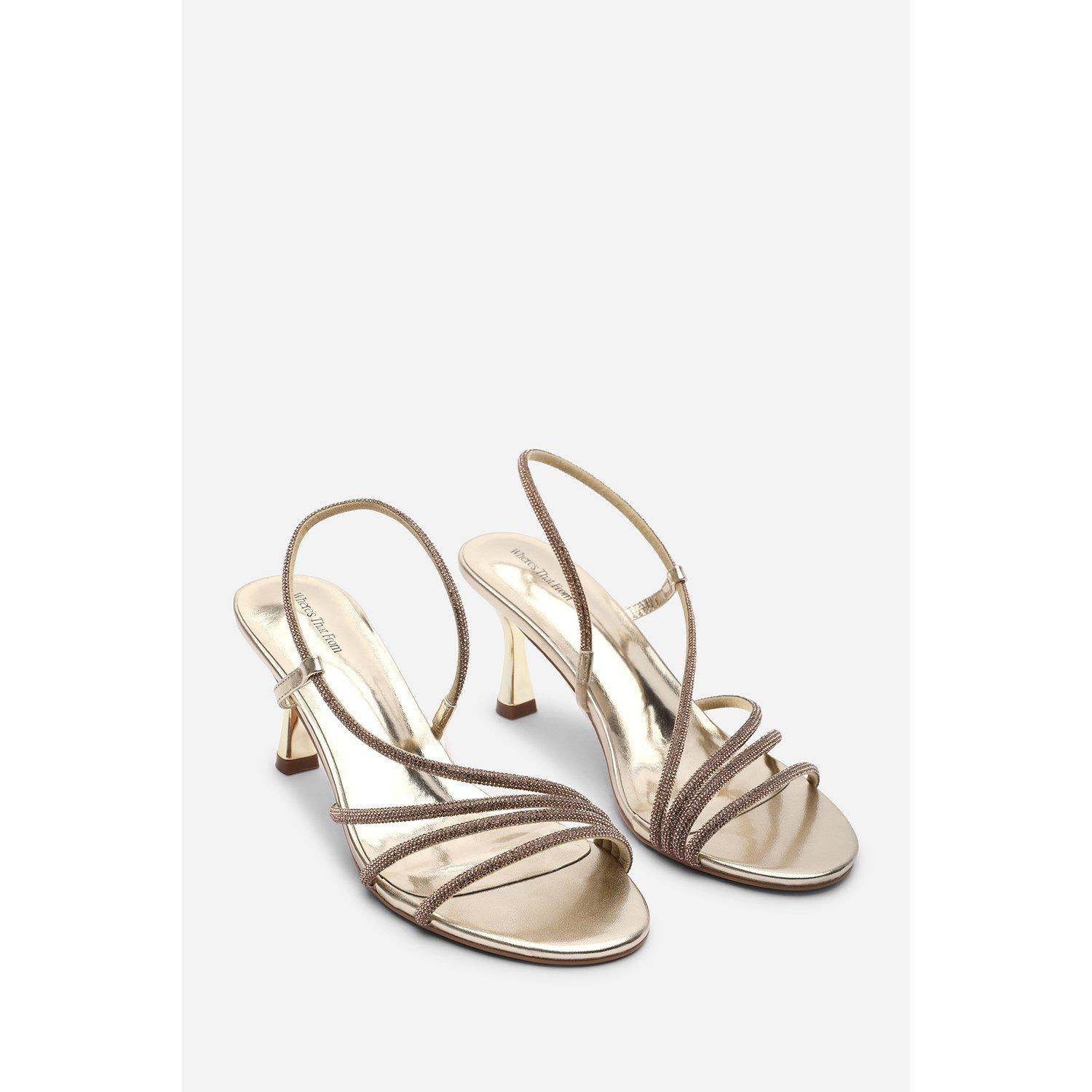 Gold - Wheres That From - Gloria Diamante Strappy Low Heeled Gold Metallic S - 4