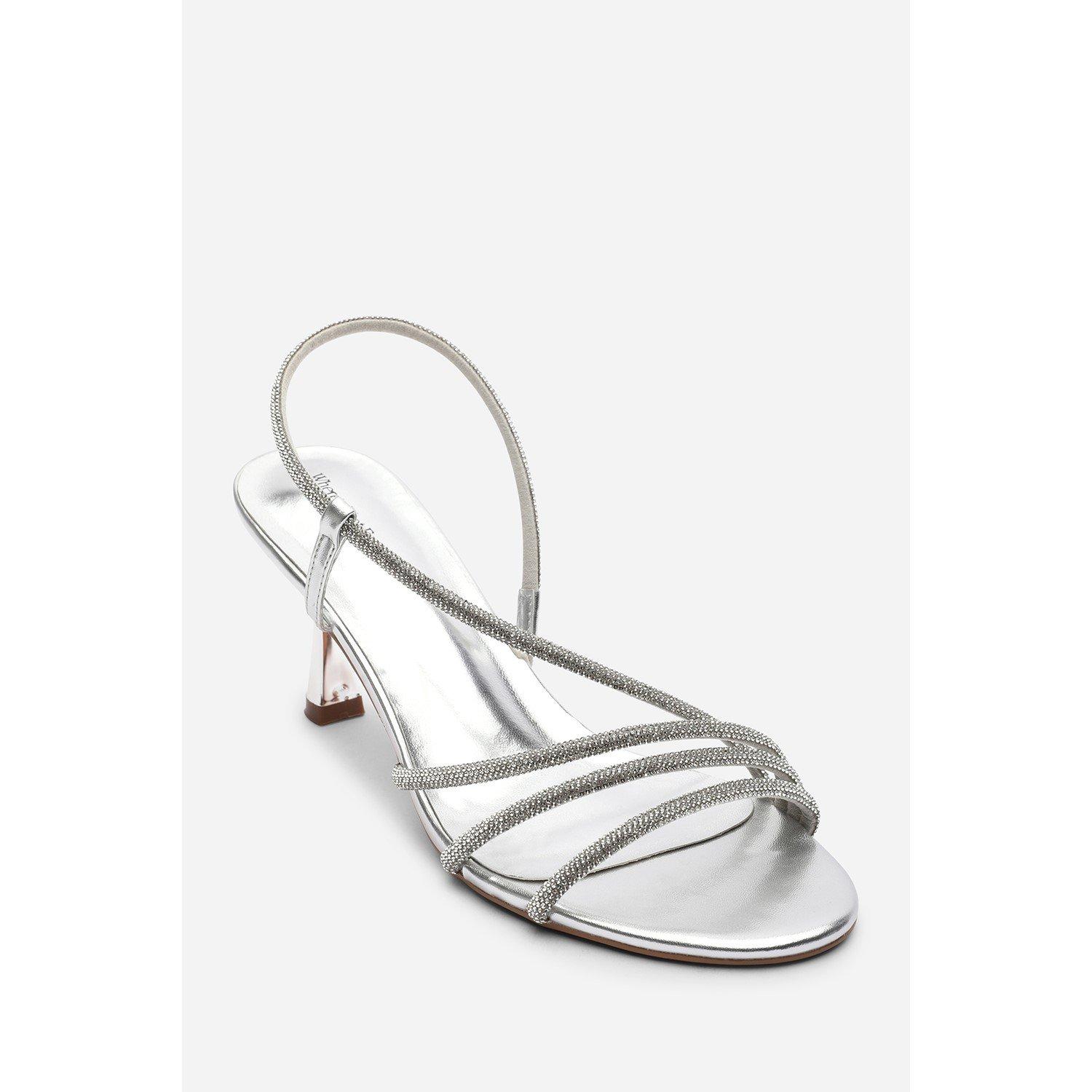 Silver - Wheres That From - Gloria Diamante Strappy Low Heeled Silver Metallic - 3