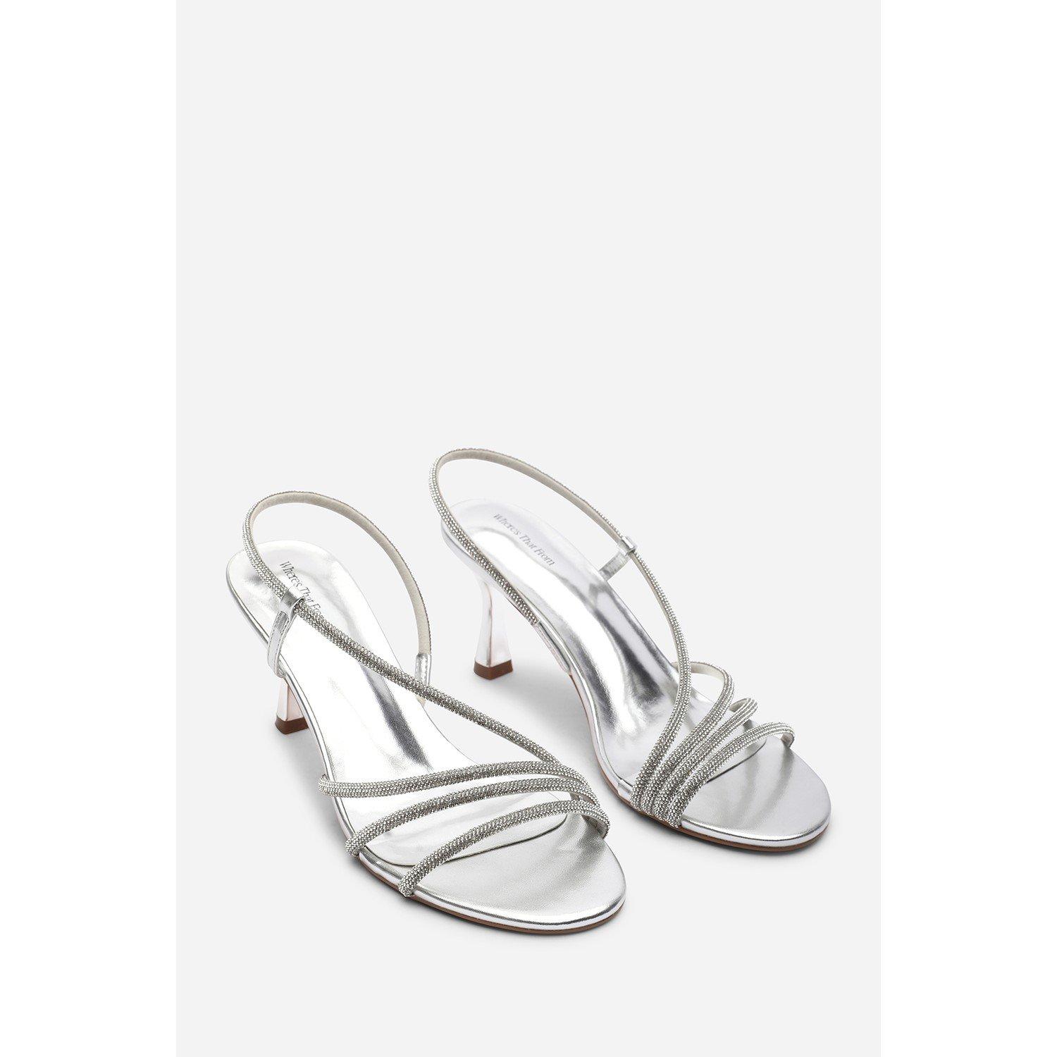 Silver - Wheres That From - Gloria Diamante Strappy Low Heeled Silver Metallic - 4