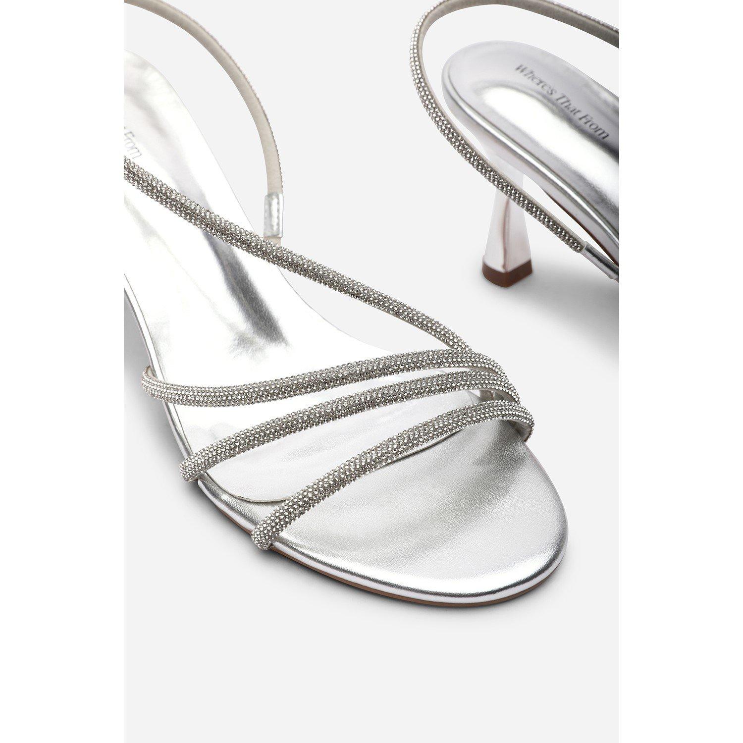 Silver - Wheres That From - Gloria Diamante Strappy Low Heeled Silver Metallic - 5