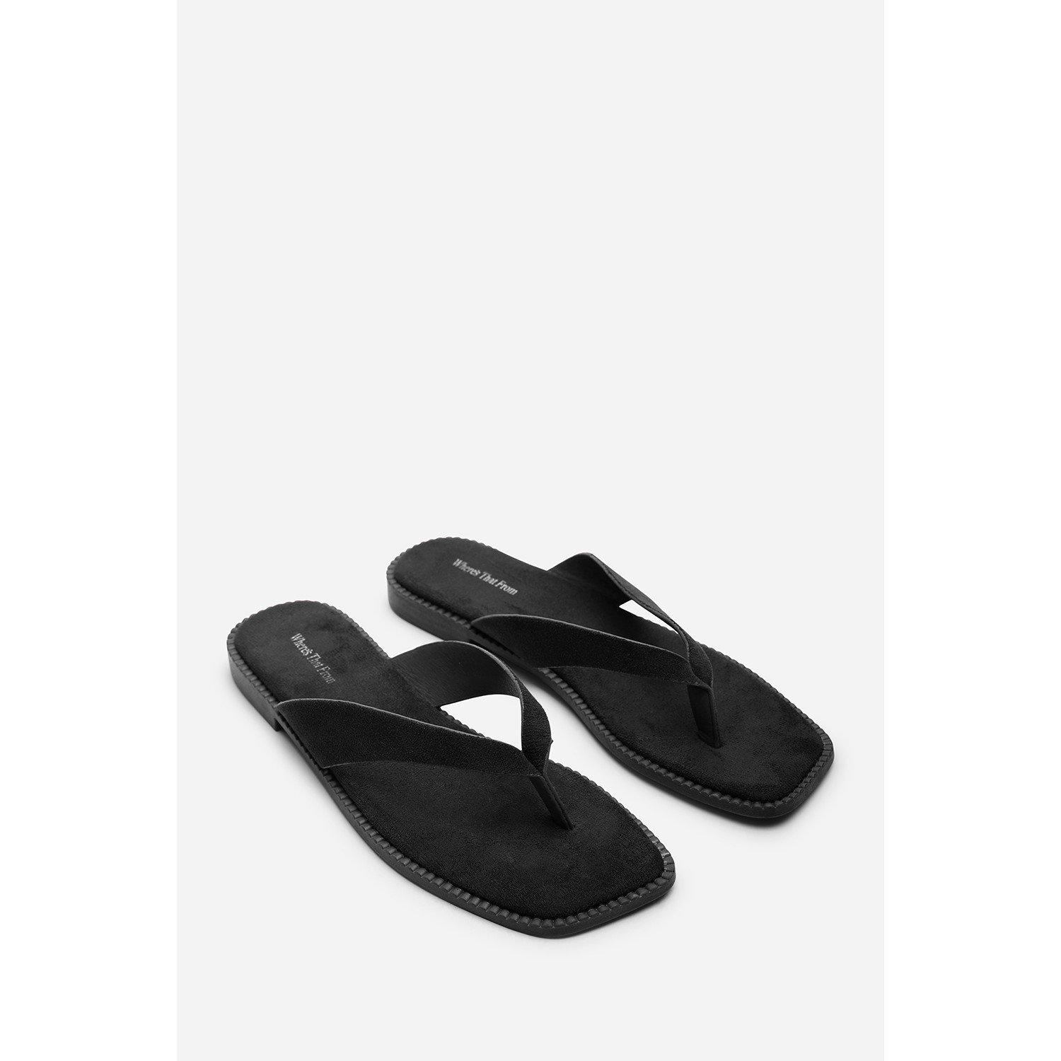 Black - Wheres That From - Lirena Square Toe Black Suede Flip Flop Sandal - 5