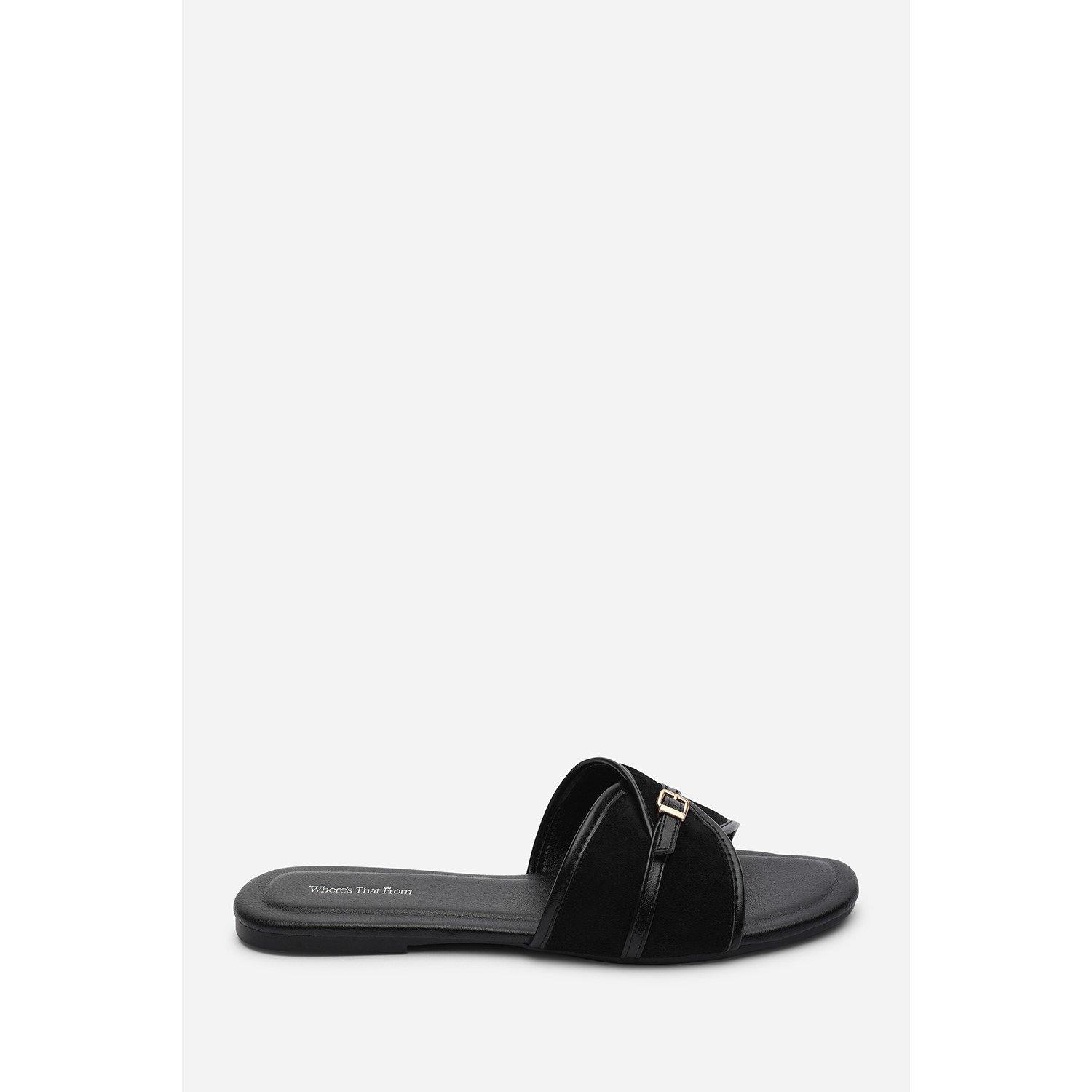 Black - Wheres That From - Mariva Cross Over Buckle Black Suede Slide On Sand - 1