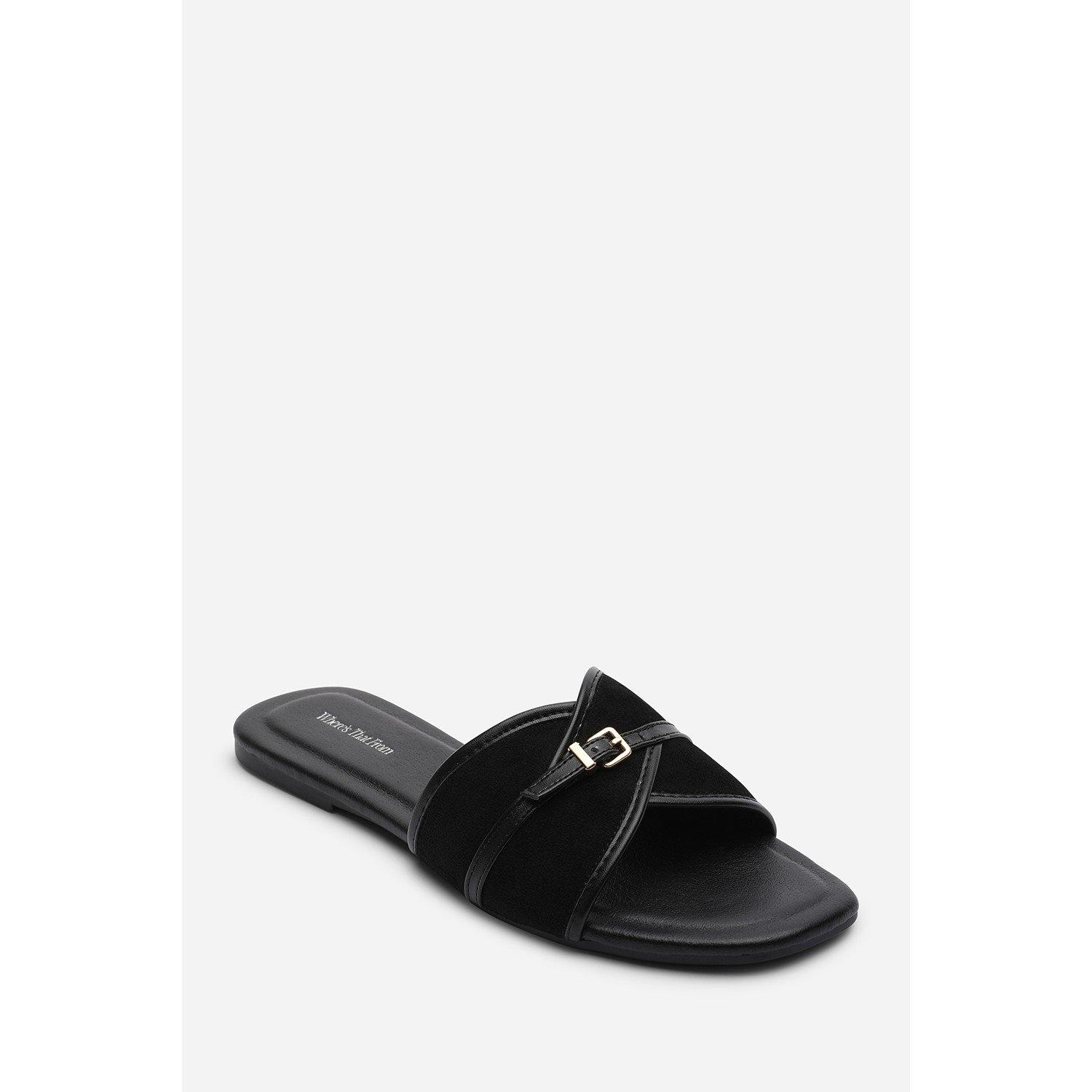 Black - Wheres That From - Mariva Cross Over Buckle Black Suede Slide On Sand - 2