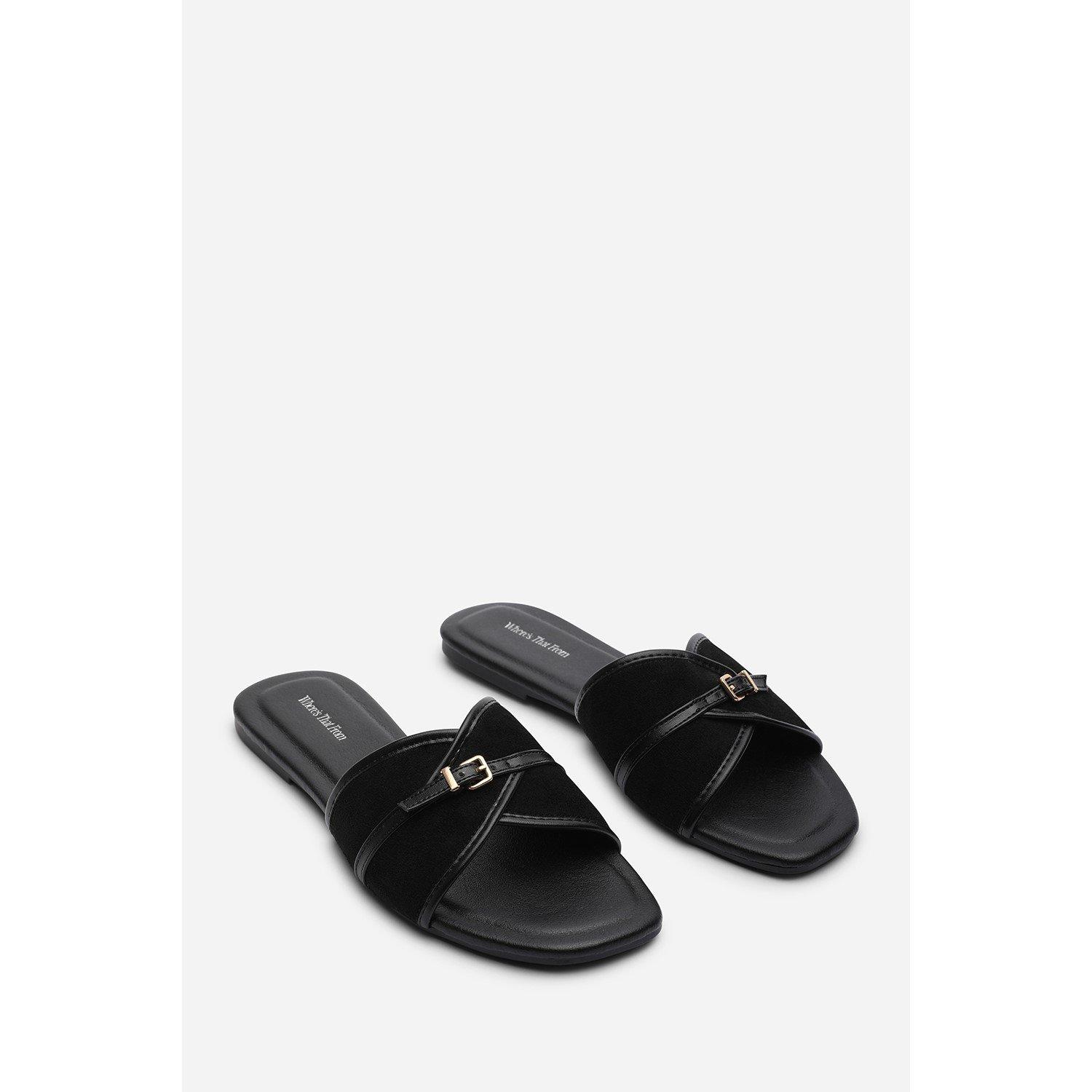 Black - Wheres That From - Mariva Cross Over Buckle Black Suede Slide On Sand - 3