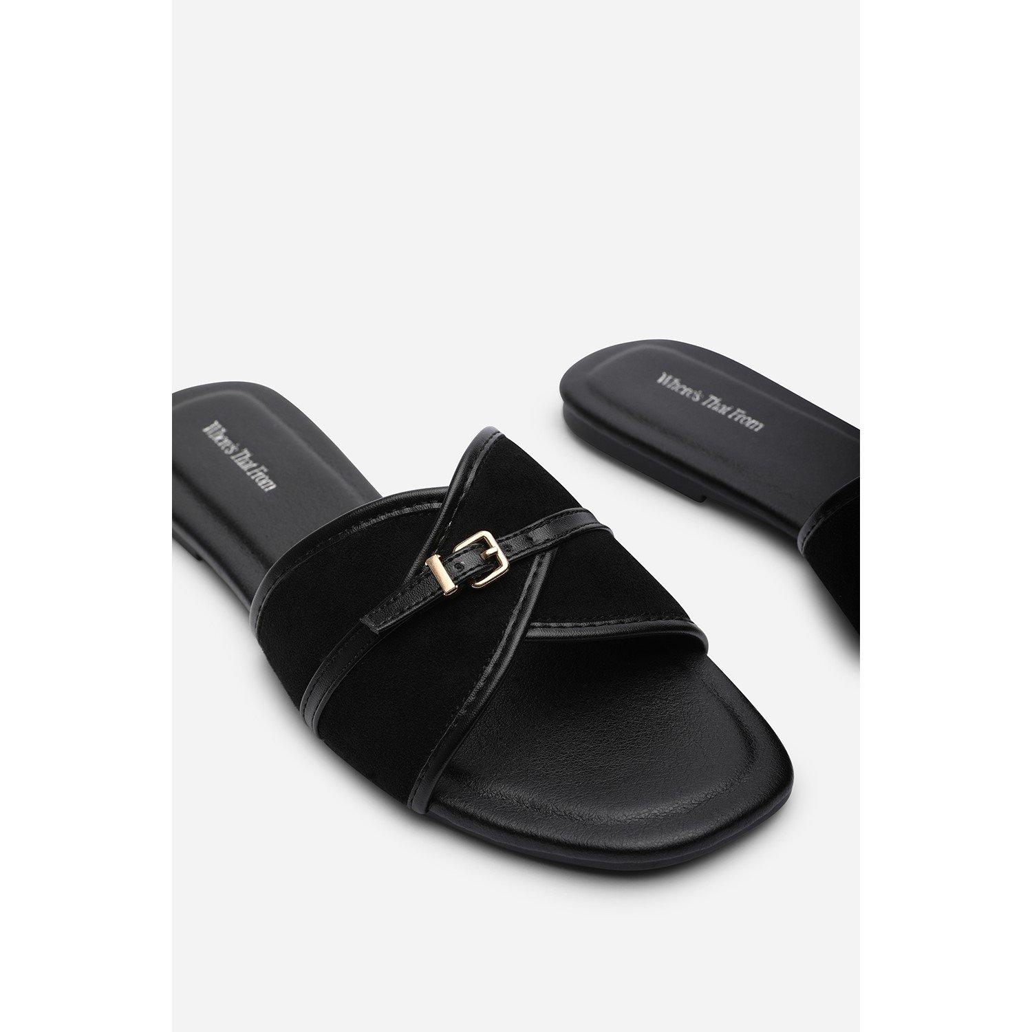 Black - Wheres That From - Mariva Cross Over Buckle Black Suede Slide On Sand - 4