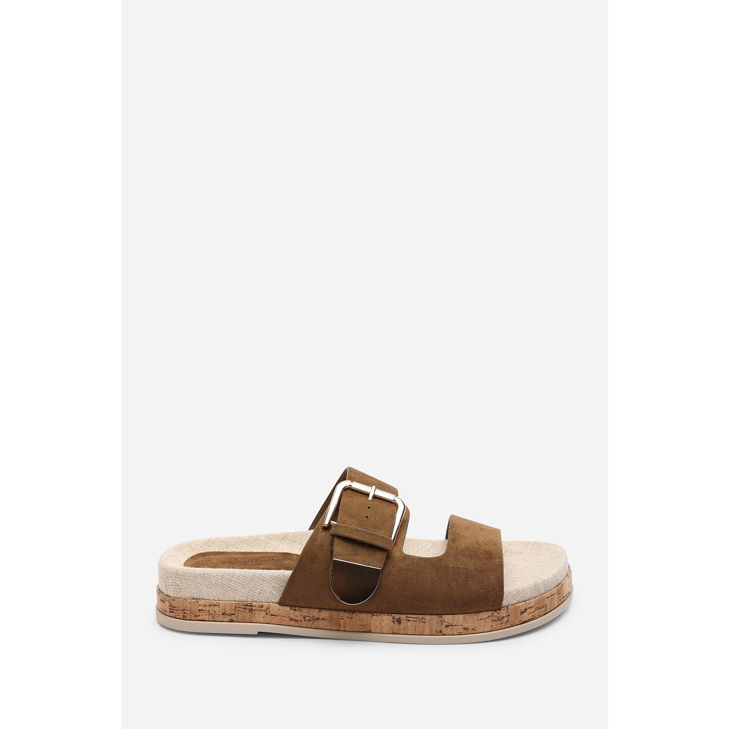 Khaki - Wheres That From - Avenue Large Buckle Footbed Khaki Suede Sandal - 2