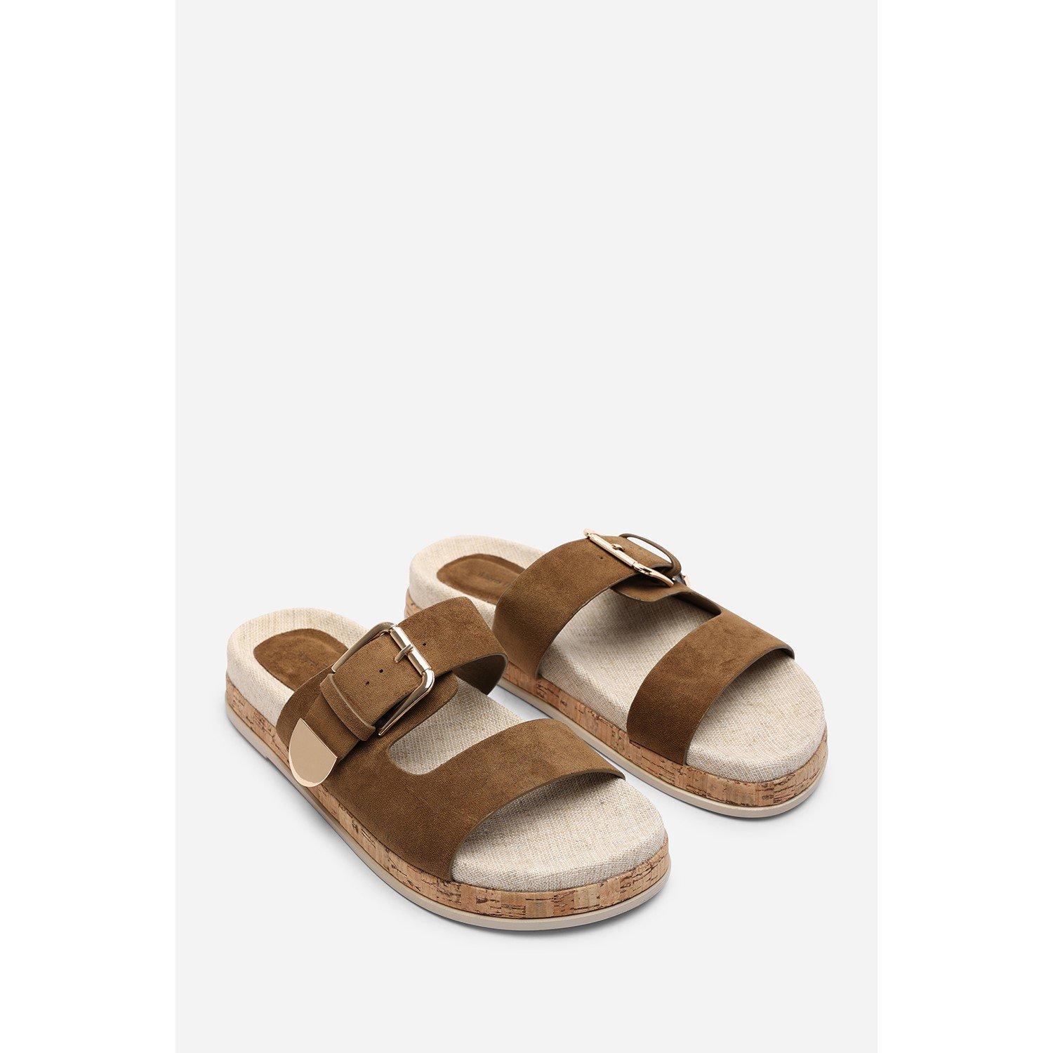 Khaki - Wheres That From - Avenue Large Buckle Footbed Khaki Suede Sandal - 4