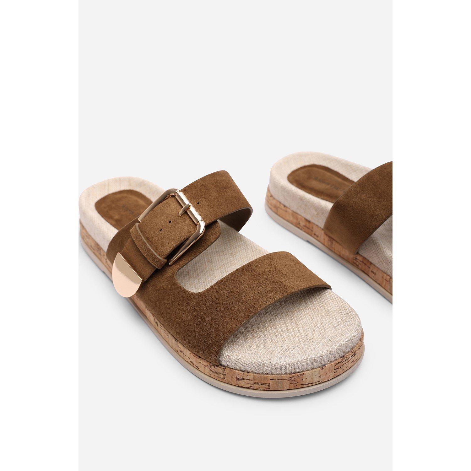 Khaki - Wheres That From - Avenue Large Buckle Footbed Khaki Suede Sandal - 5