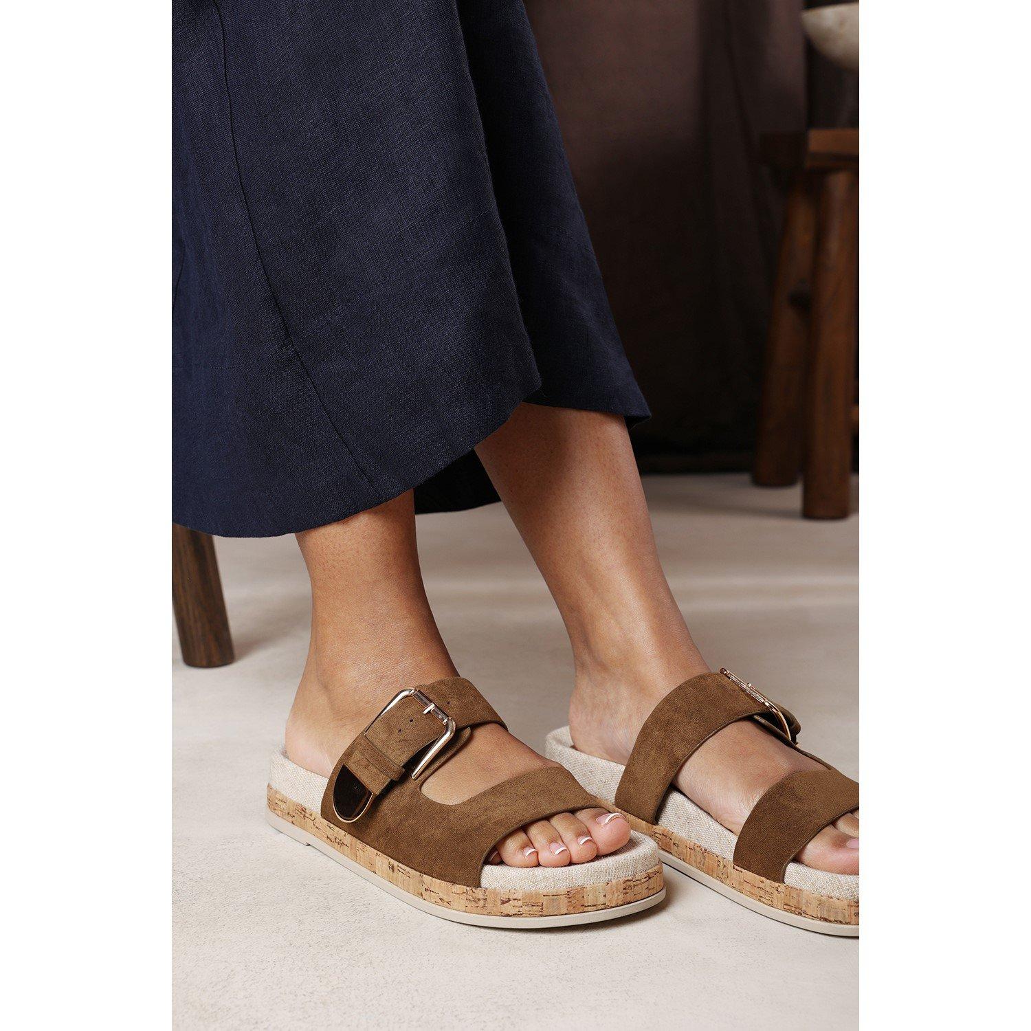 Khaki - Wheres That From - Avenue Large Buckle Footbed Khaki Suede Sandal - 6