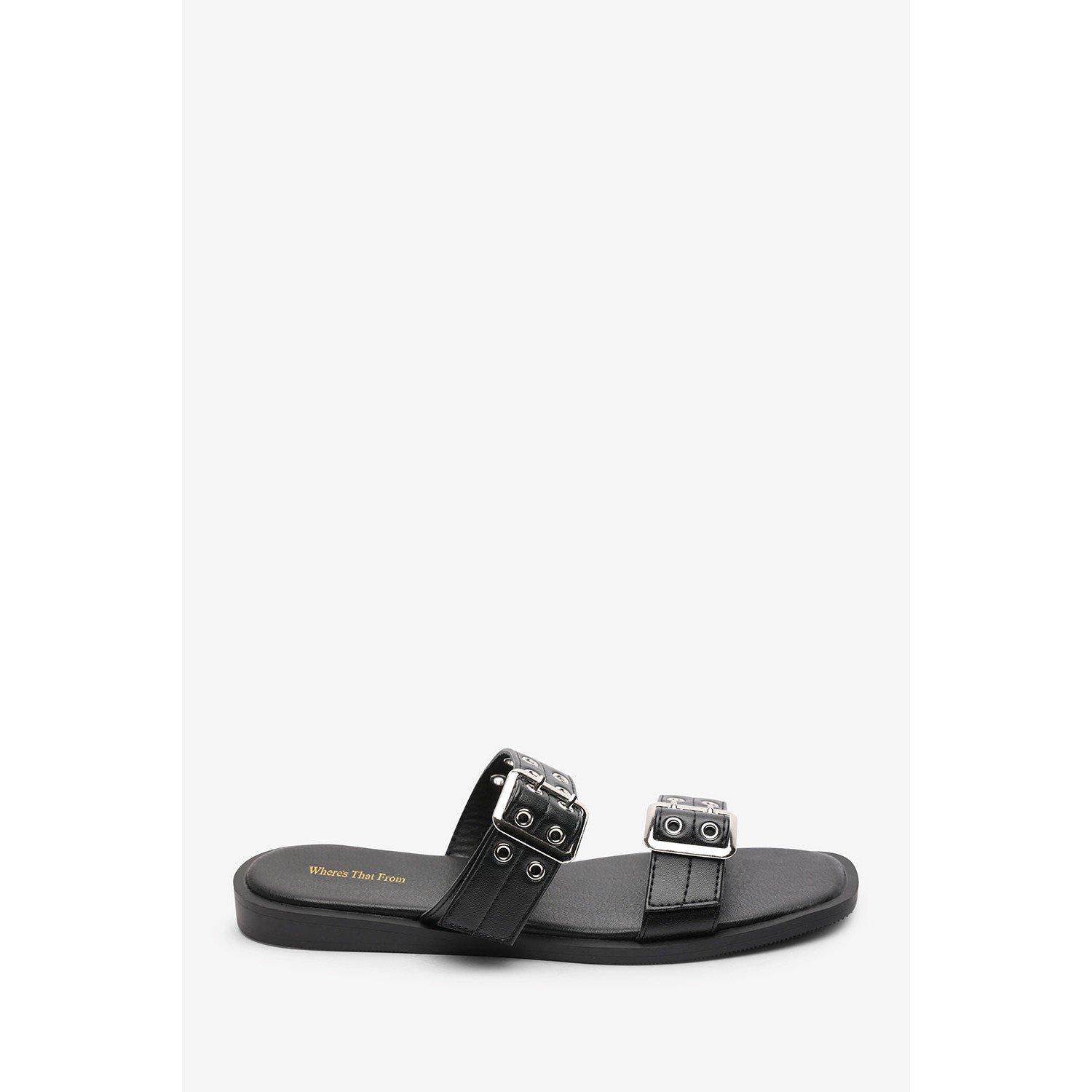 Black - Wheres That From - Double Buckle Detail Slider Flat Sandals - 2