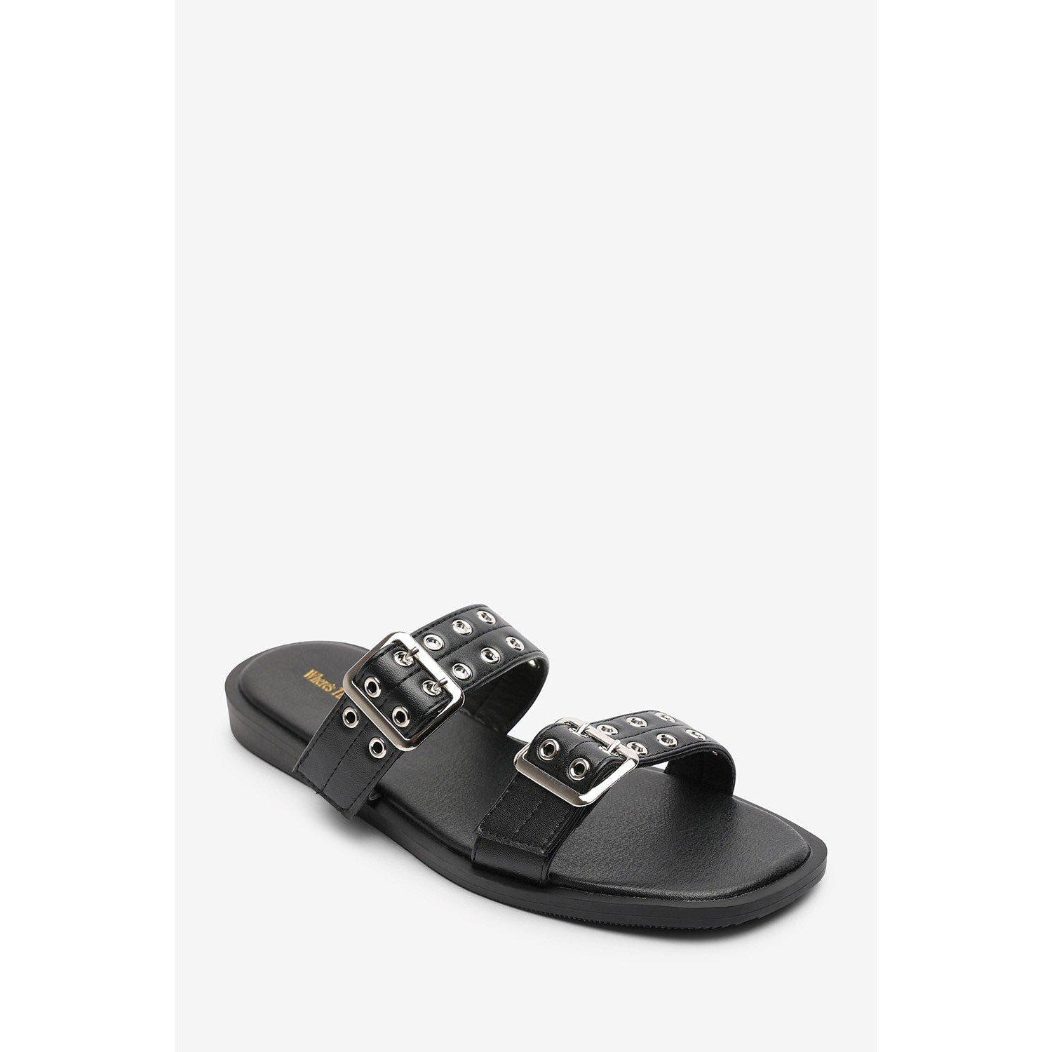 Black - Wheres That From - Double Buckle Detail Slider Flat Sandals - 3