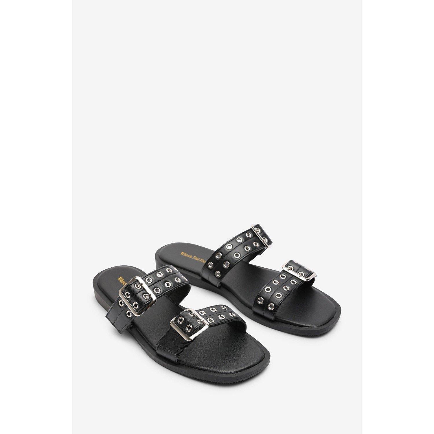 Black - Wheres That From - Double Buckle Detail Slider Flat Sandals - 4
