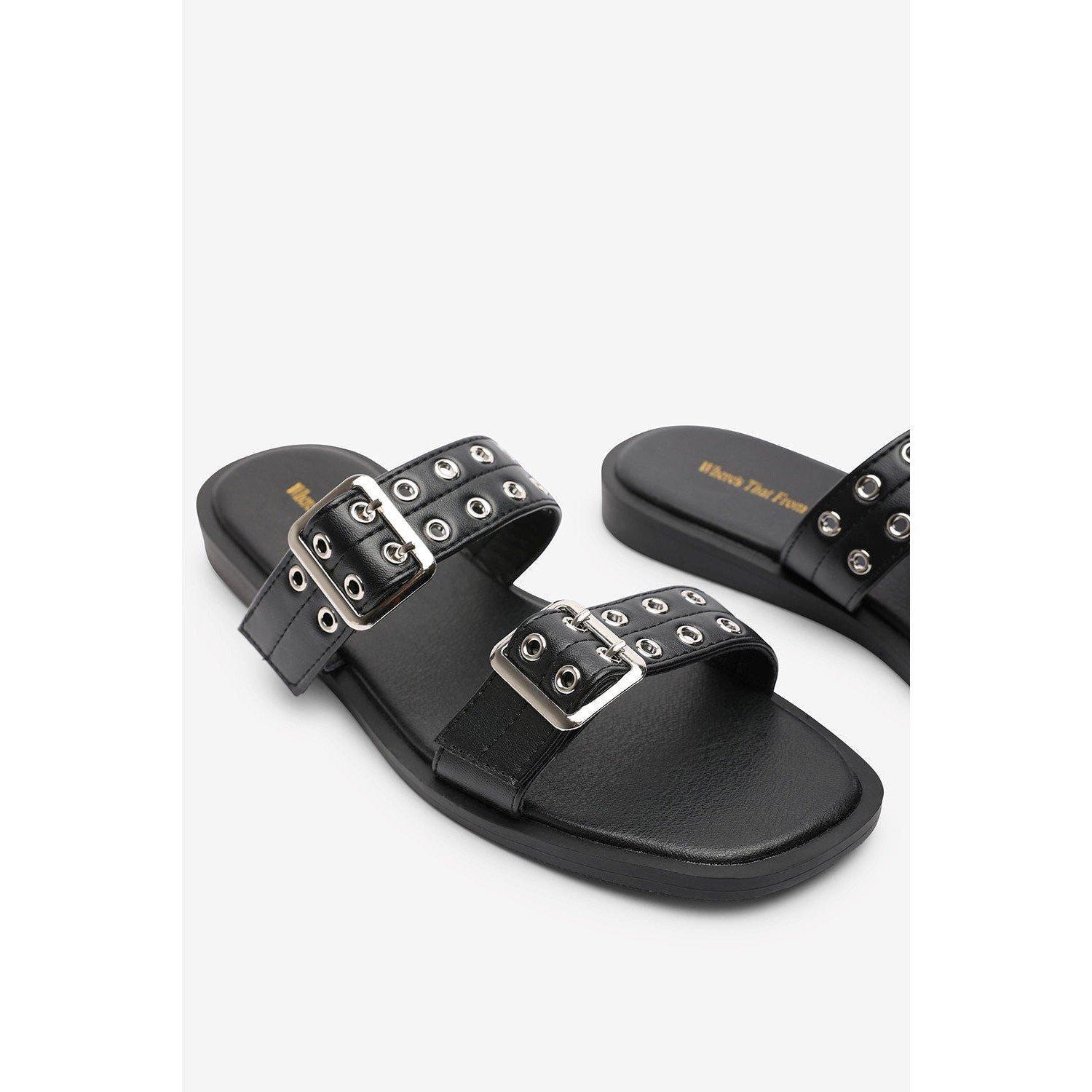 Black - Wheres That From - Double Buckle Detail Slider Flat Sandals - 5
