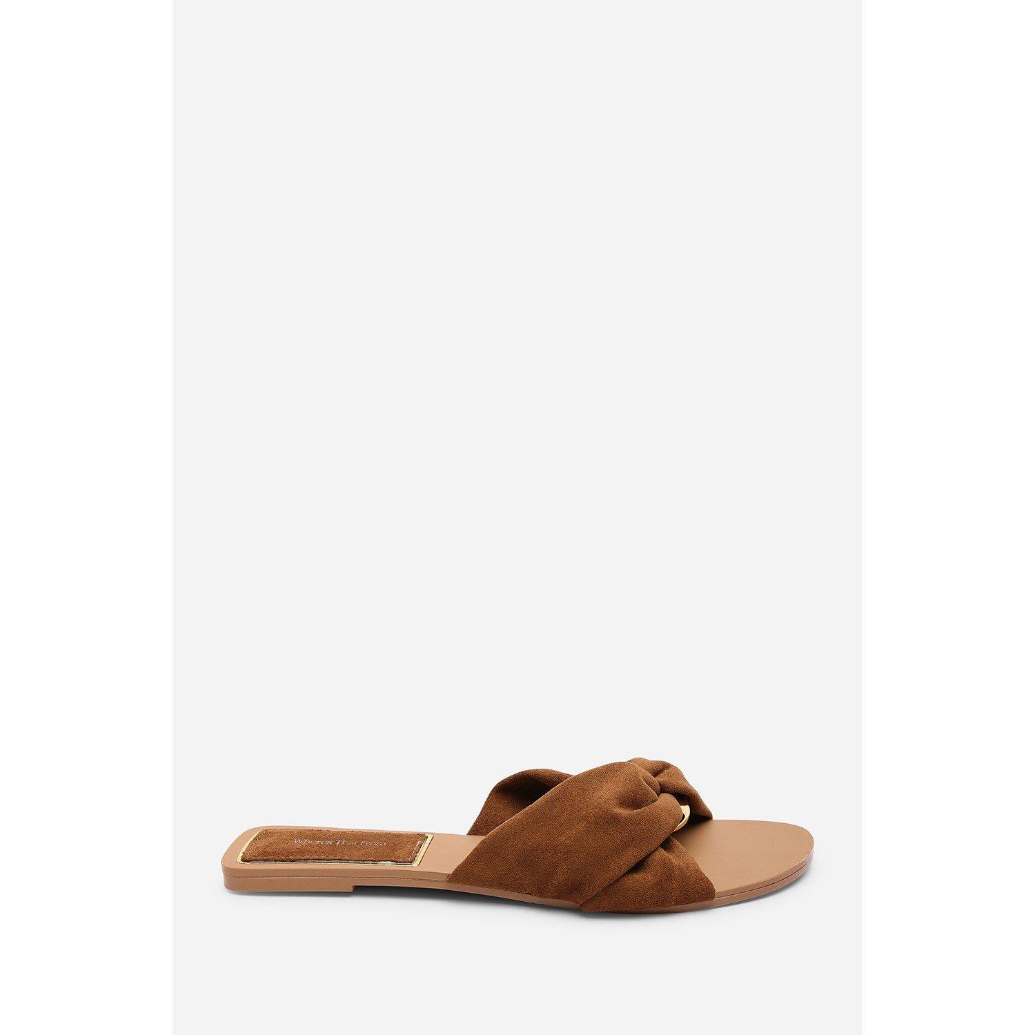 Cognac - Wheres That From - Lavina Knot Detail Cognac Suede Slide On Sandal - 2