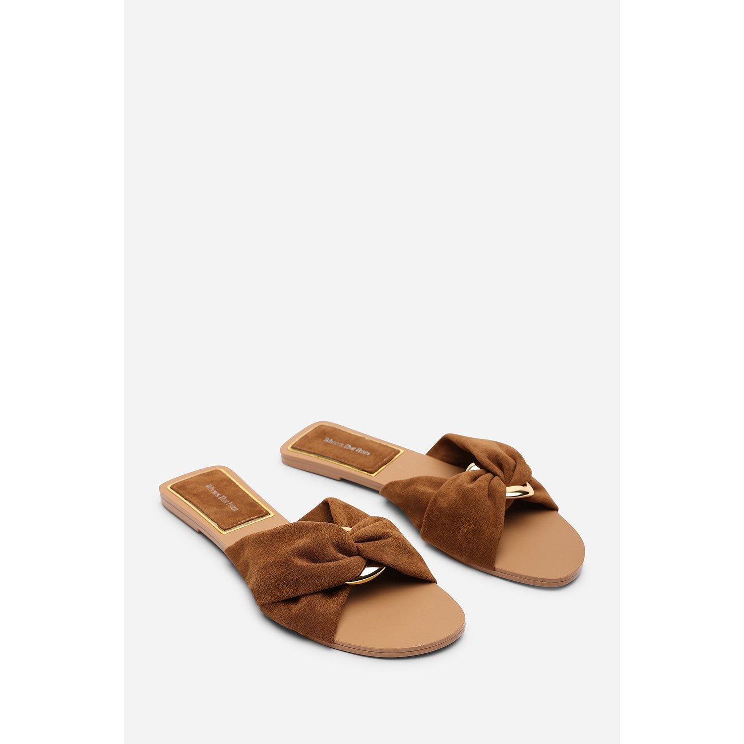 Cognac - Wheres That From - Lavina Knot Detail Cognac Suede Slide On Sandal - 4