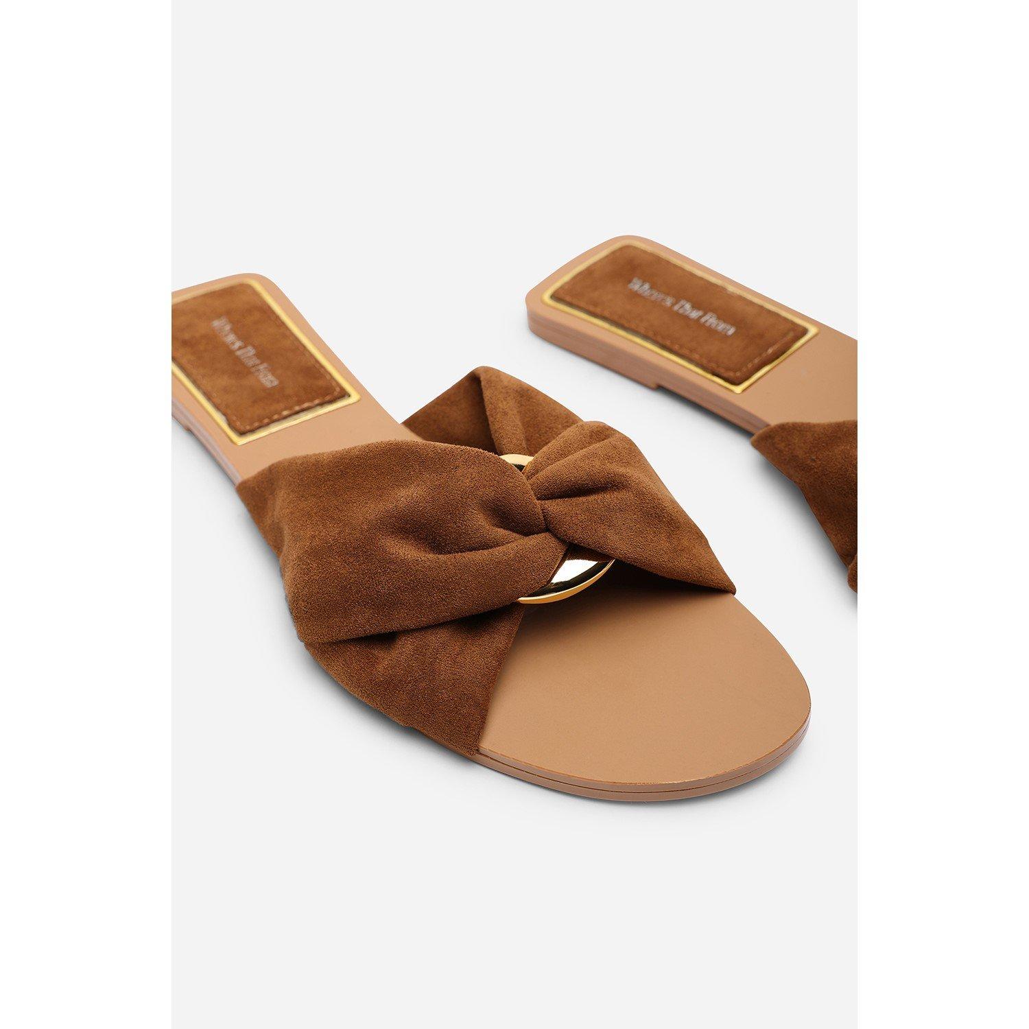 Cognac - Wheres That From - Lavina Knot Detail Cognac Suede Slide On Sandal - 5