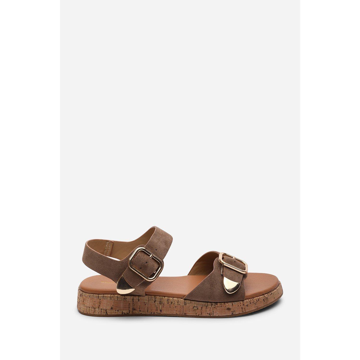 Camel - Wheres That From - Iridia Double Buckle Camel Suede Low Wedge Sandal - 2