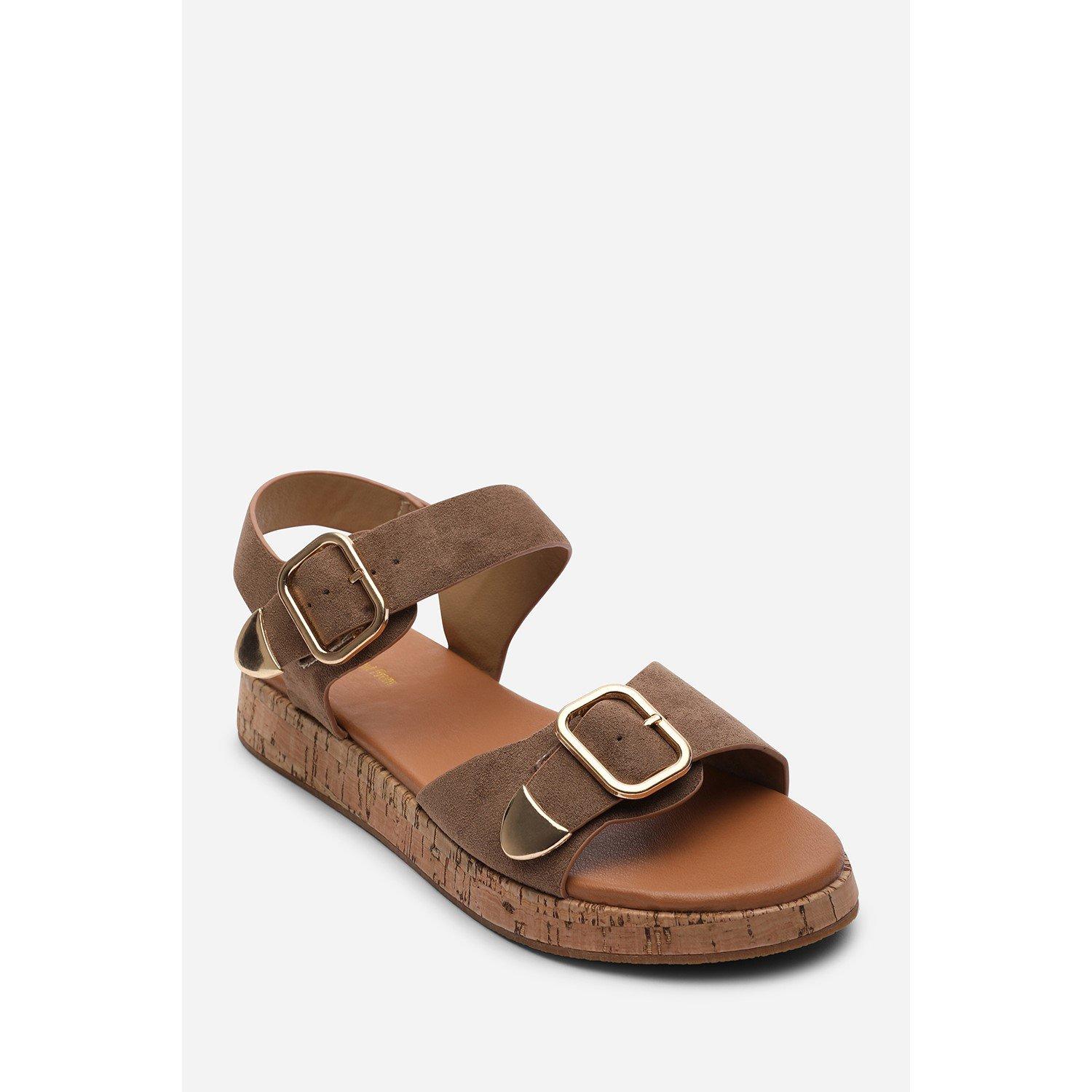 Camel - Wheres That From - Iridia Double Buckle Camel Suede Low Wedge Sandal - 3