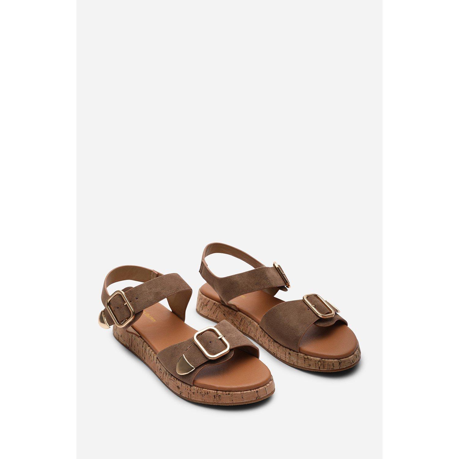 Camel - Wheres That From - Iridia Double Buckle Camel Suede Low Wedge Sandal - 4
