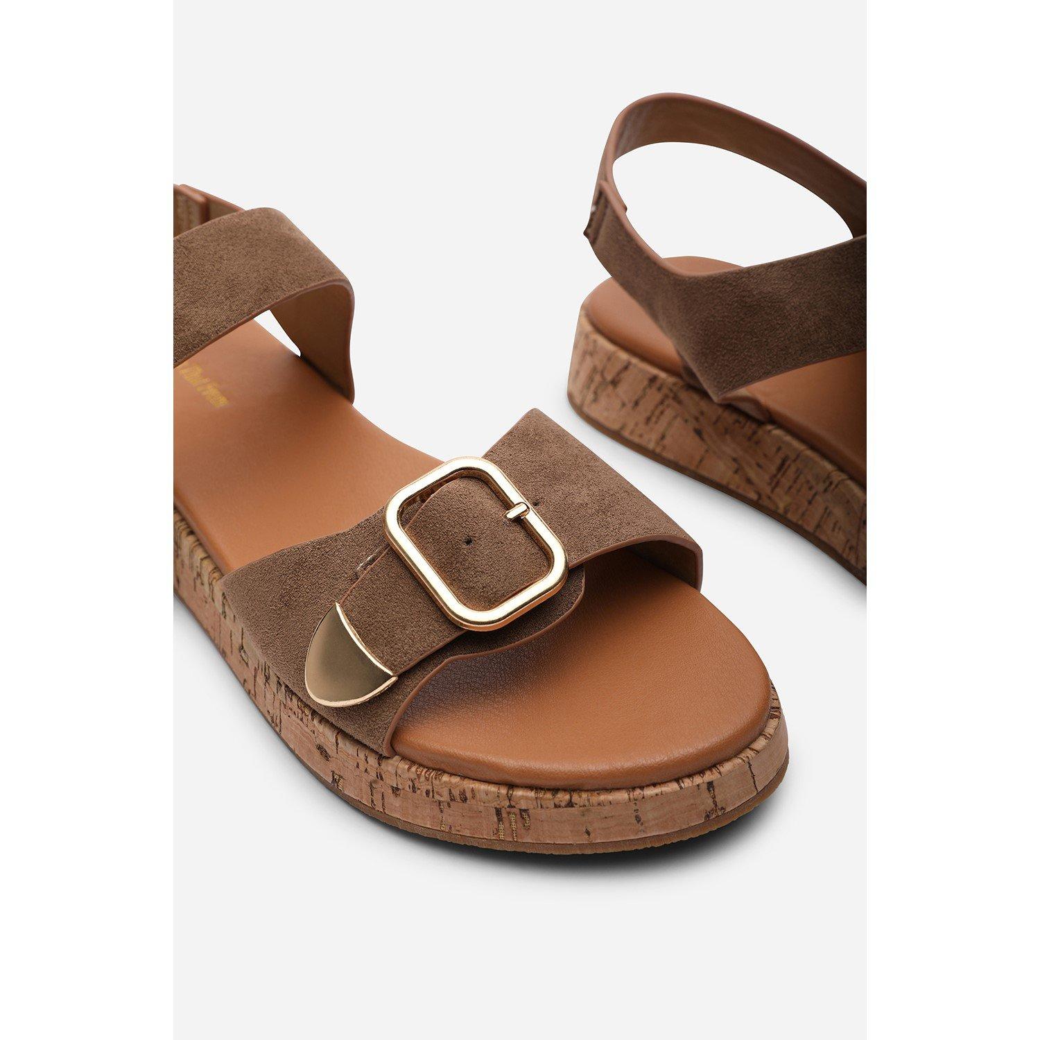 Camel - Wheres That From - Iridia Double Buckle Camel Suede Low Wedge Sandal - 5