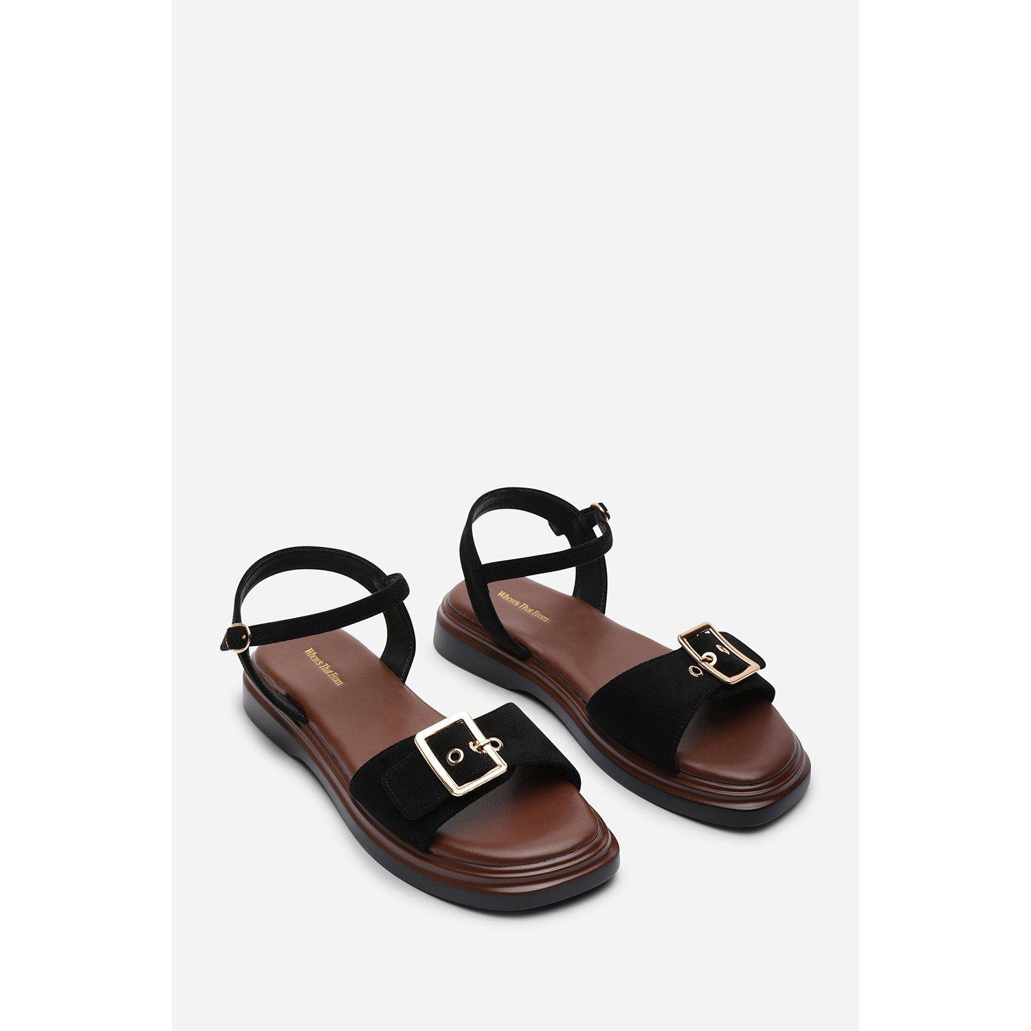 Black - Wheres That From - Coastal Front Buckle Flatform Black Suede Sandal - 4