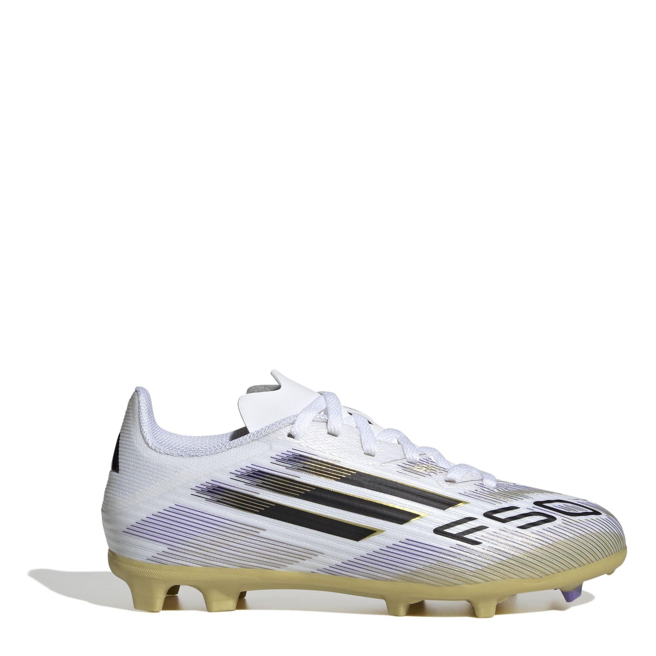 Adidas Boys F50 League Childrens Firm Ground Football Boots - White/Blk/Gold - C12.5 (31)