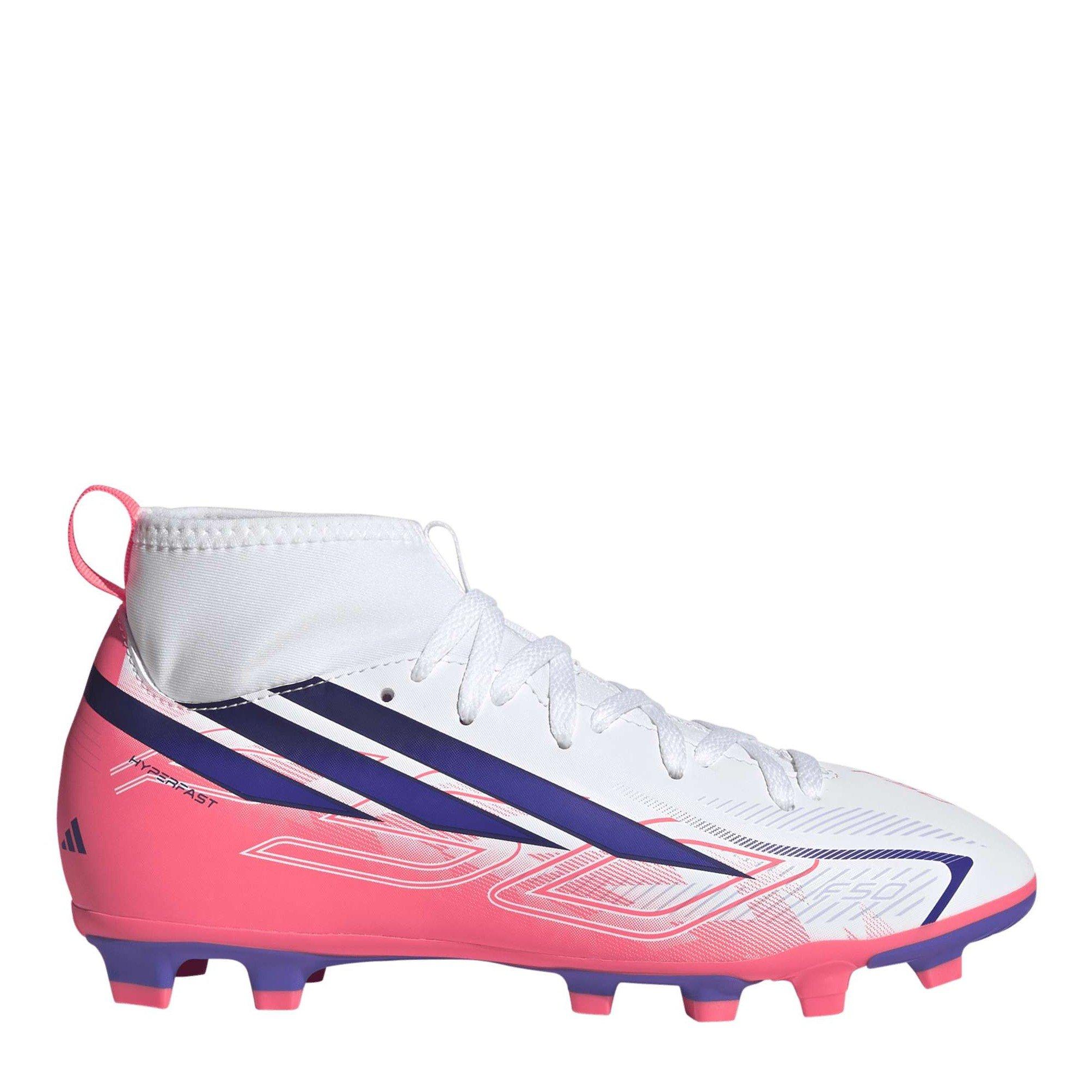 White/Coral - adidas - F50 HYPERFAST Club Mid Firm Ground Football Boots Juniors - 1