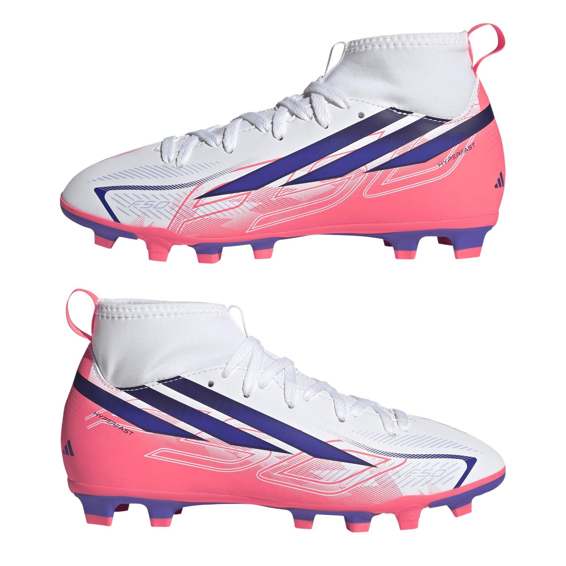 Wit/Koraal - adidas - F50 HYPERFAST Club Mid Firm Ground Football Boots Juniors - 9
