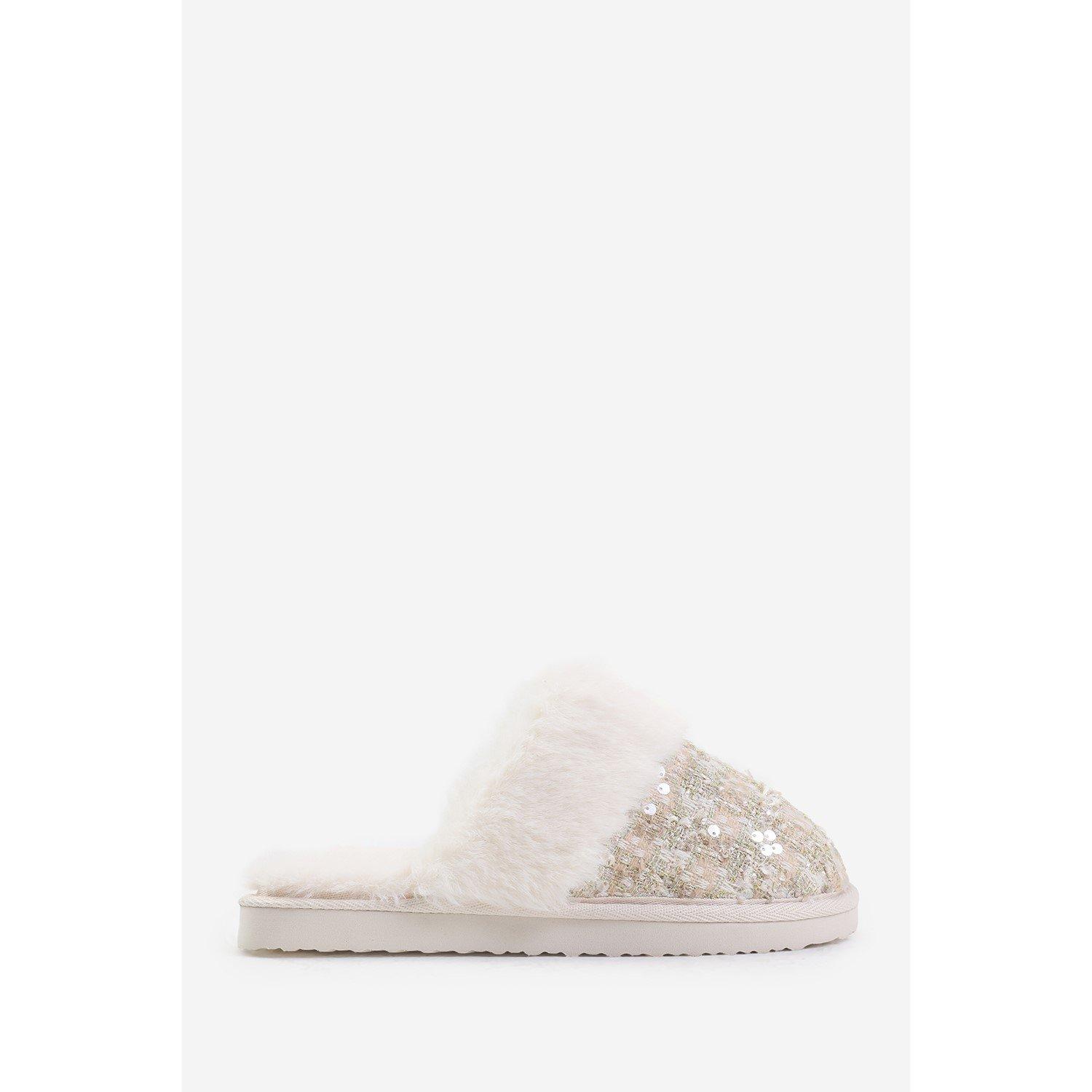 Beige Goud - Wheres That From - Where’s Sequin Tweed Mule Slippers With Faux Fur Trim - 2