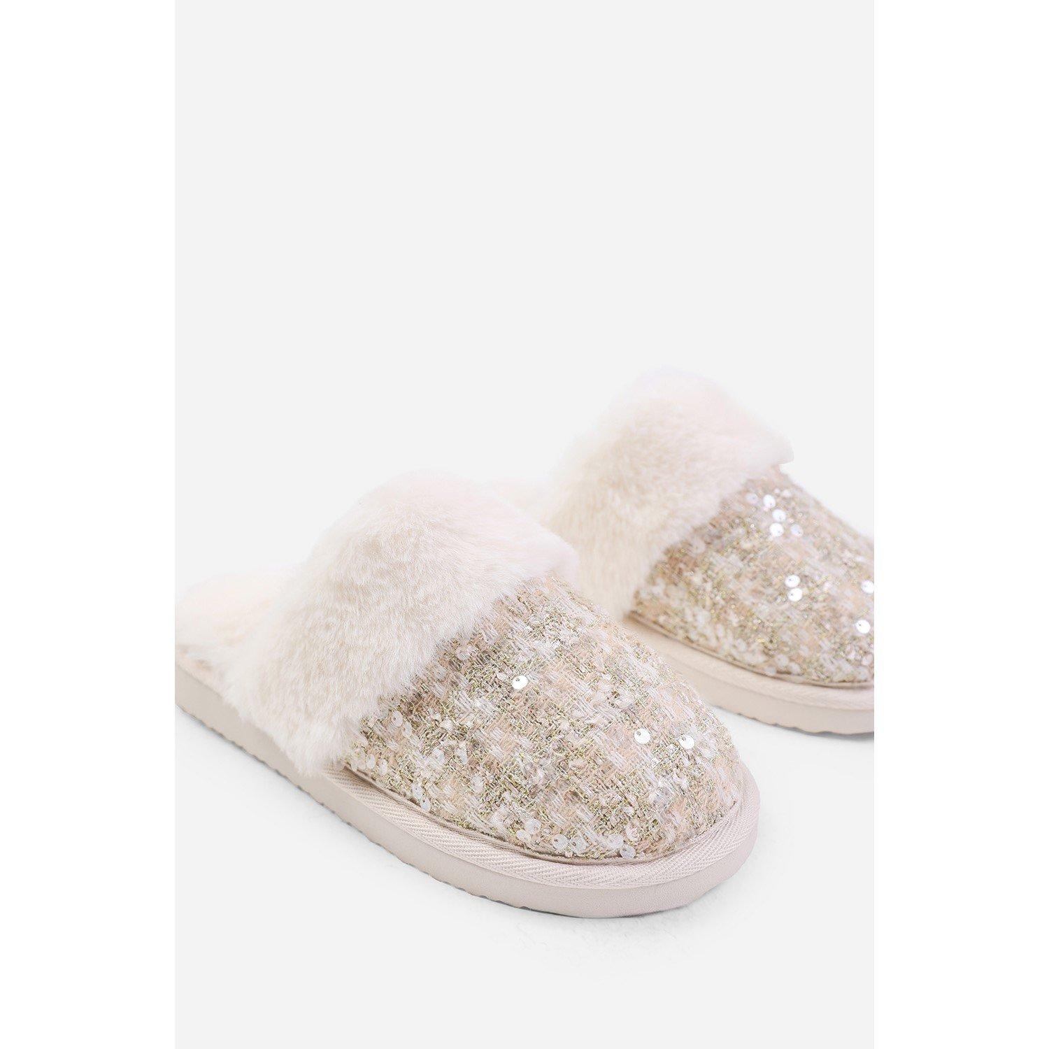 Beige Goud - Wheres That From - Where’s Sequin Tweed Mule Slippers With Faux Fur Trim - 3