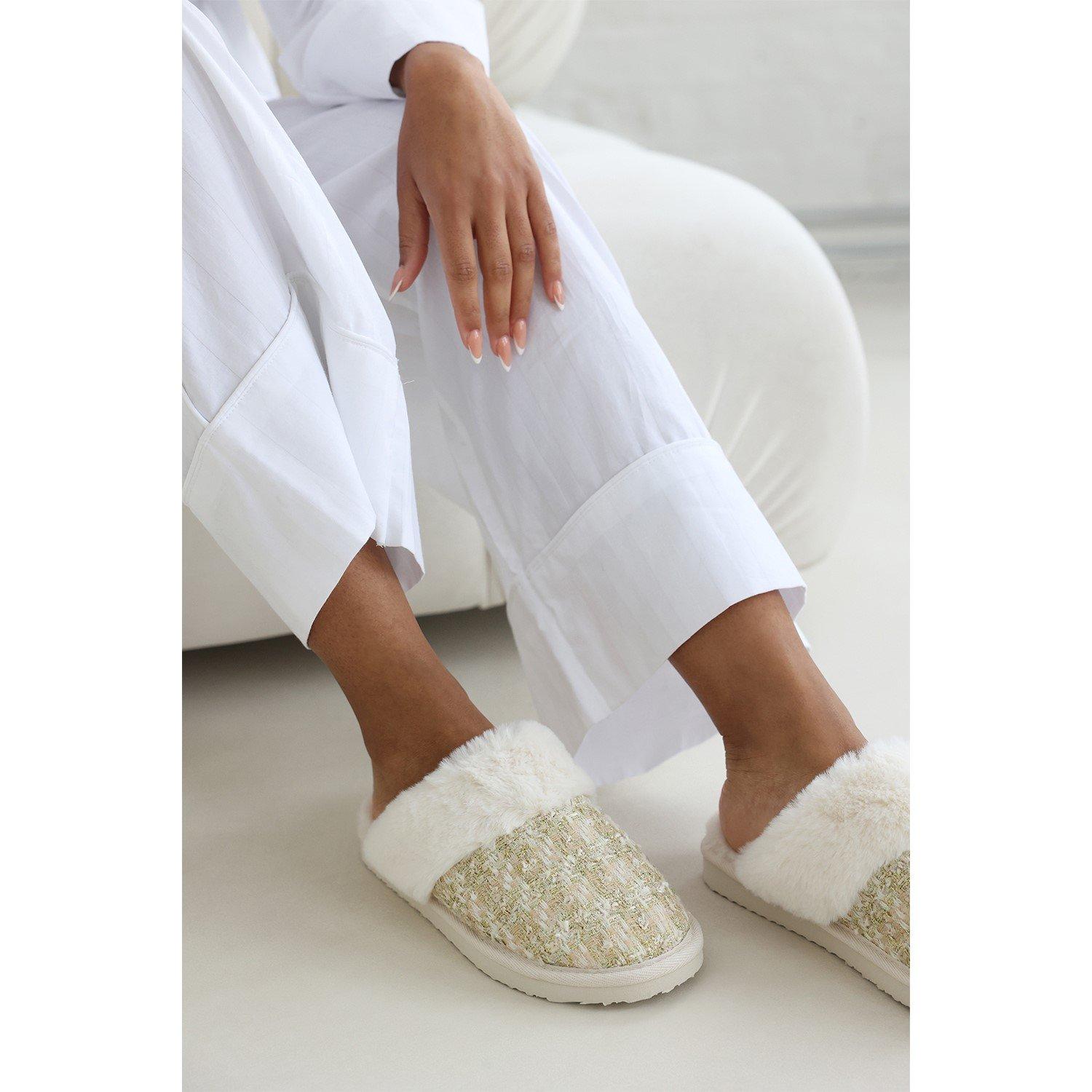Beige Goud - Wheres That From - Where’s Sequin Tweed Mule Slippers With Faux Fur Trim - 4