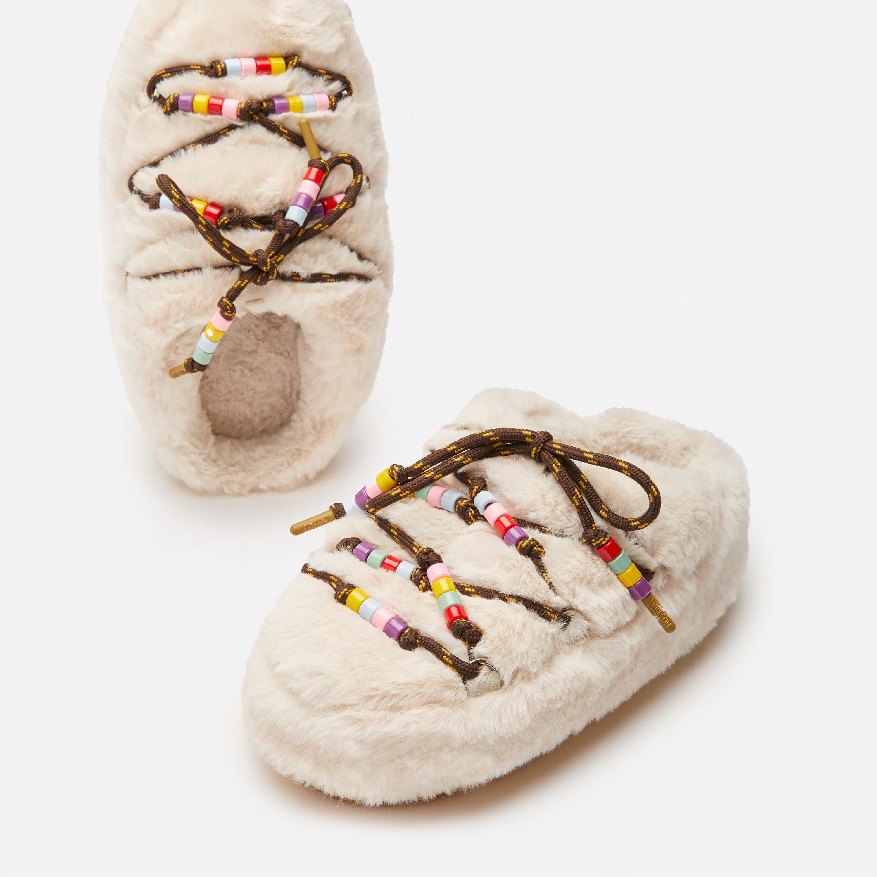 Cream - Moon Boot - Faux-Fur Beads Mules - 4