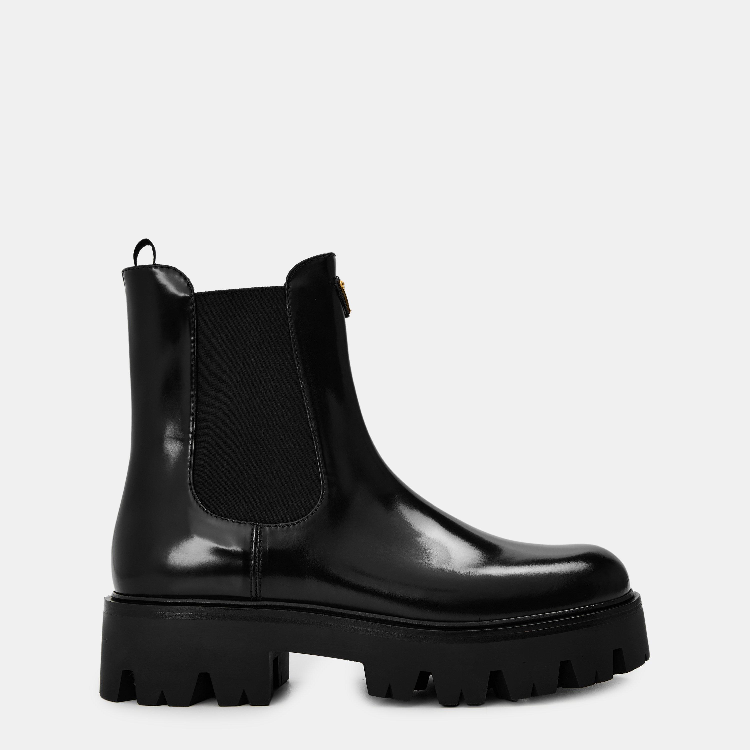 Black - Prada - Womens Brushed Leather Booties - 1
