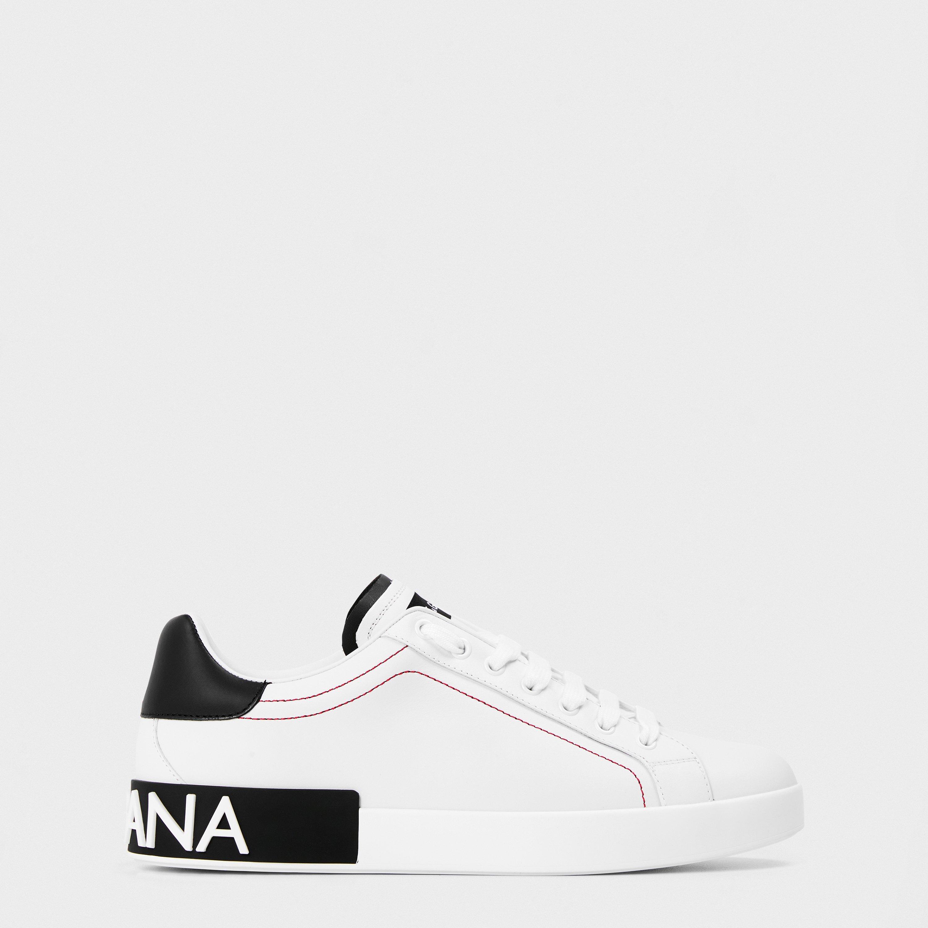 Dolce and Gabbana Men's Logo Portofino Leather Low-Top Trainers - Bianco/Nero - Size 12 (46)