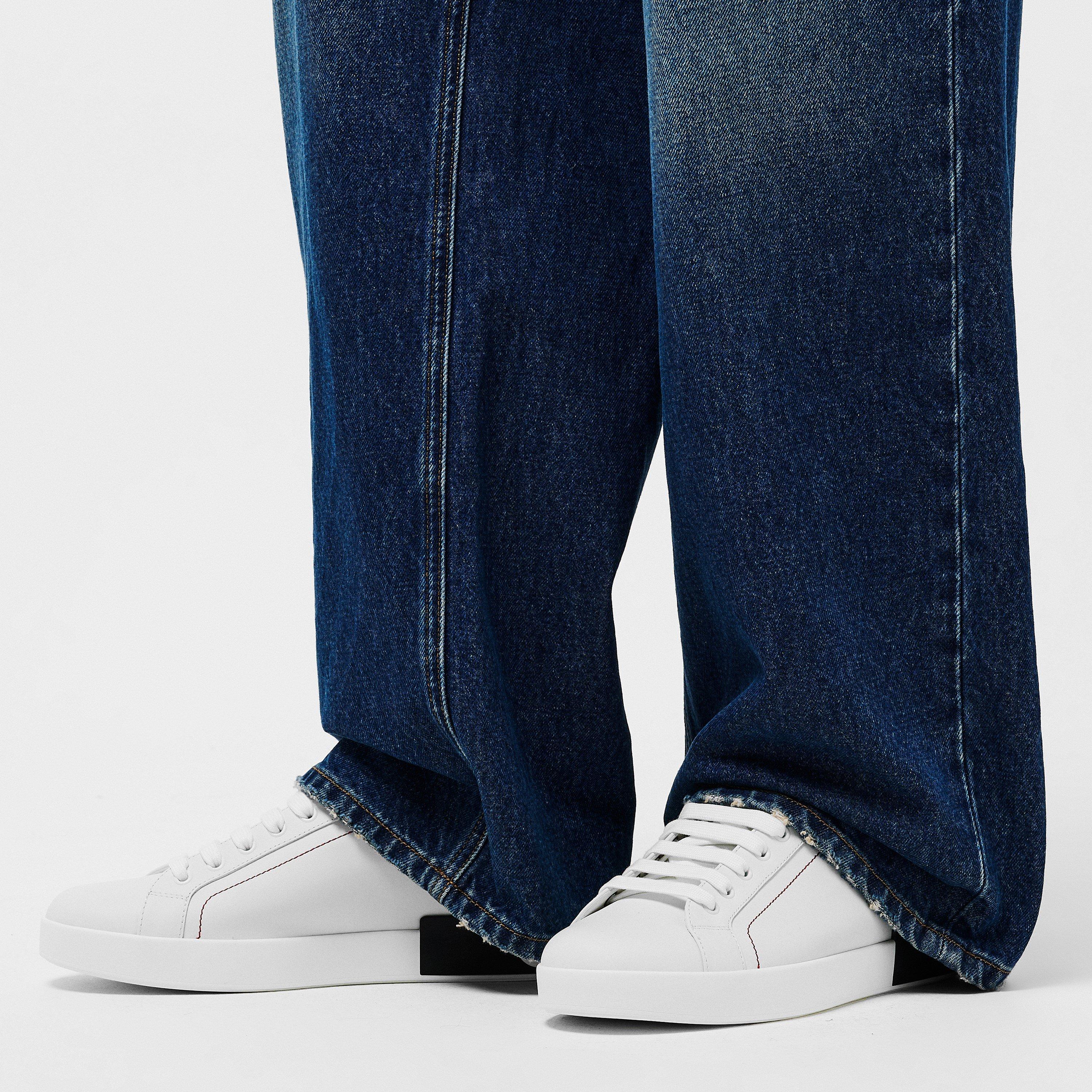 Bianco/Nero - Dolce and Gabbana - Men's Logo Portofino Leather Low-Top Trainers - 3