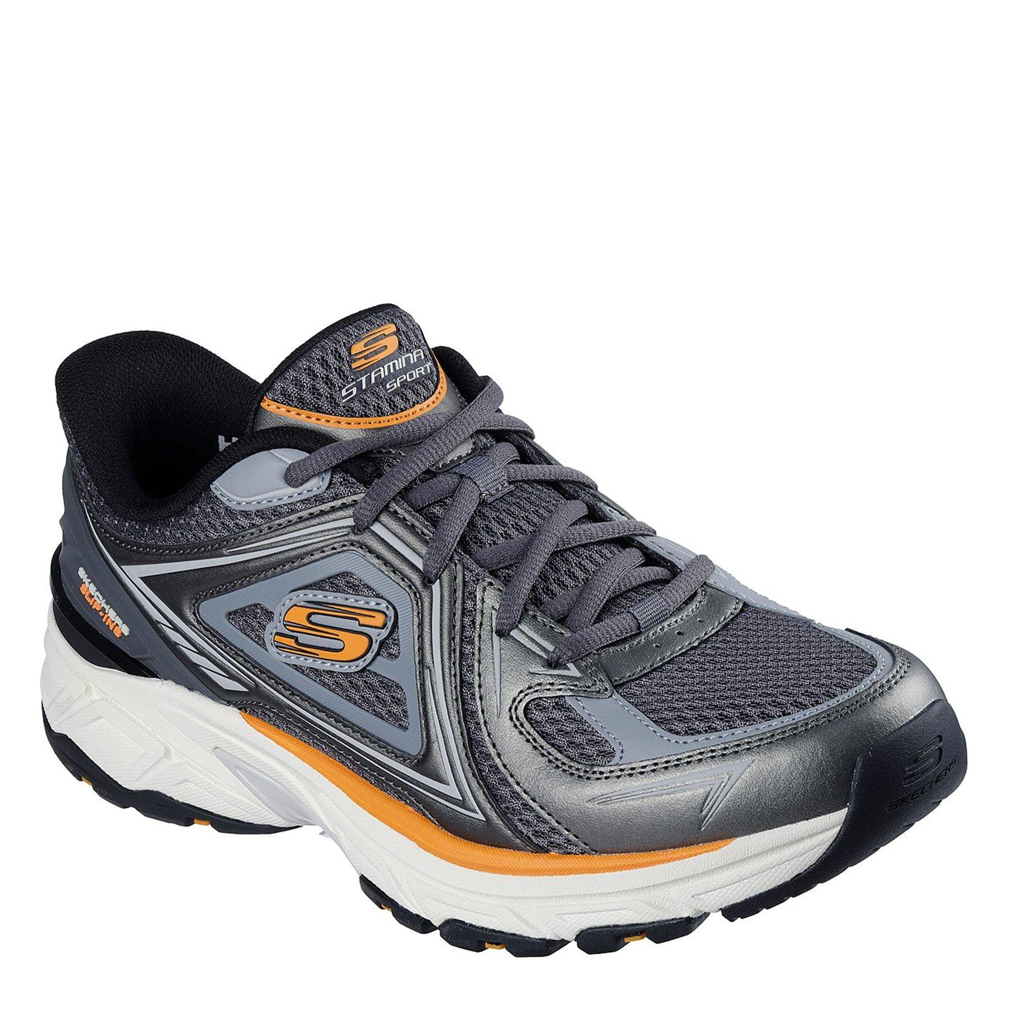 Grey/Orange - Skechers - Slip-Ins Metallic Overlay Mesh Snea Slip On Runners Mens - 1