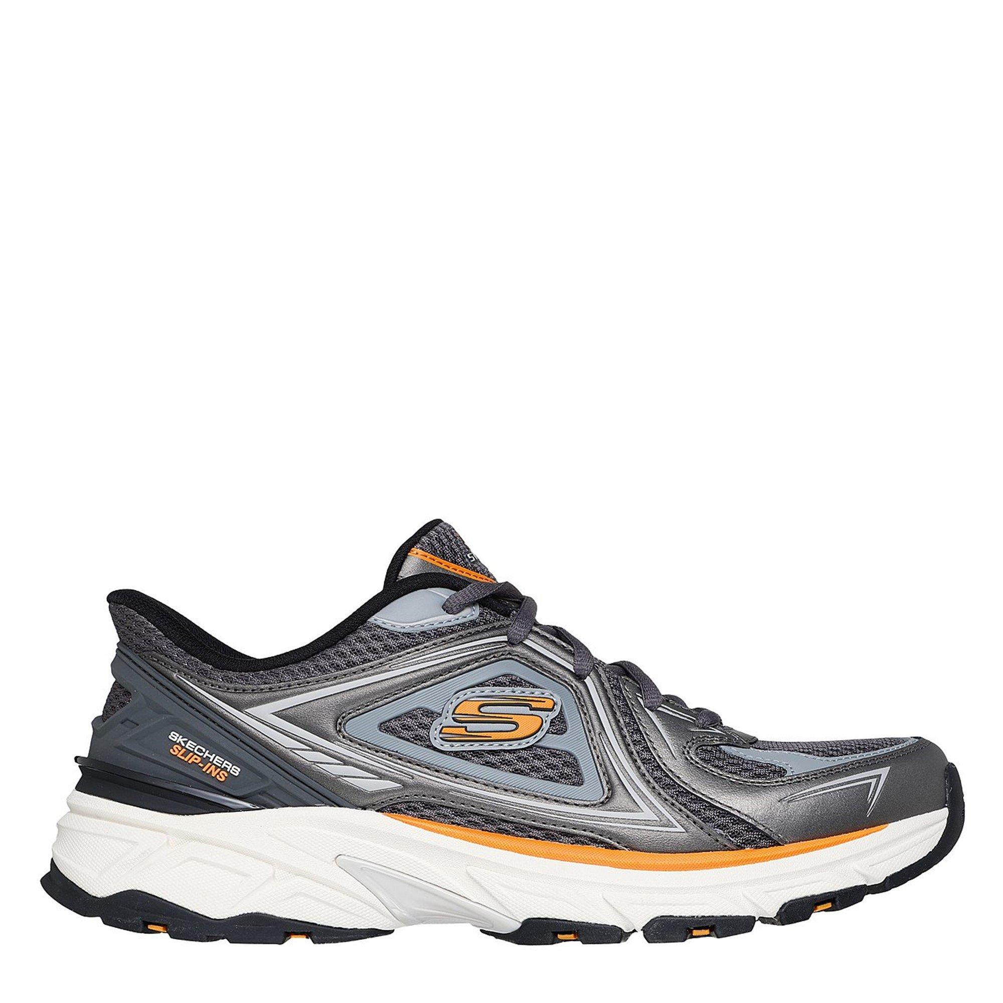 Grey/Orange - Skechers - Slip-Ins Metallic Overlay Mesh Snea Slip On Runners Mens - 3