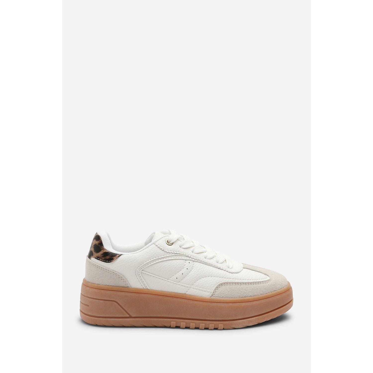 White/Leopard - Wheres That From - Low Wedge Lace up trainer with leopard print heel detail - 2
