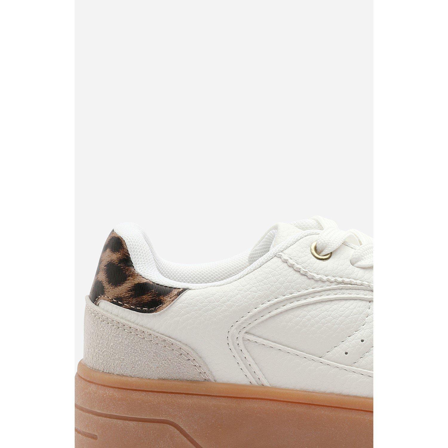 White/Leopard - Wheres That From - Low Wedge Lace up trainer with leopard print heel detail - 7