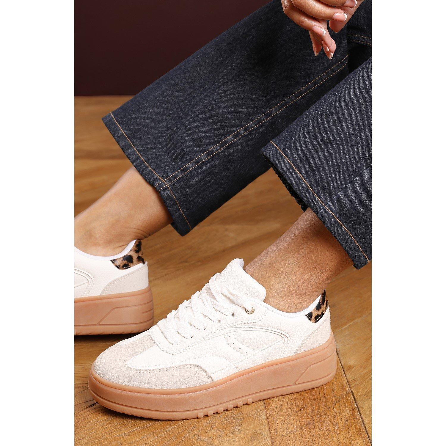 White/Leopard - Wheres That From - Low Wedge Lace up trainer with leopard print heel detail - 8