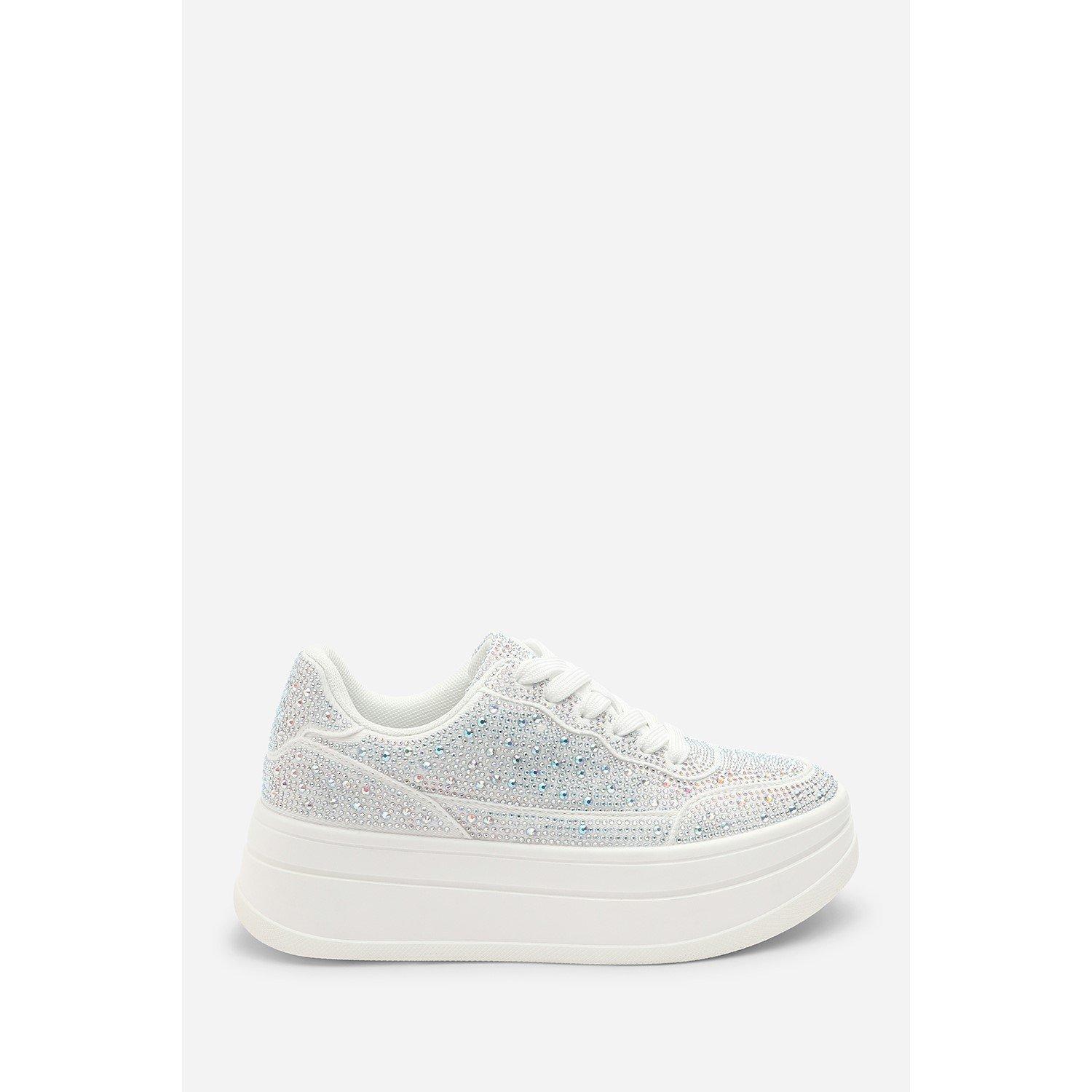 White - Wheres That From - Wedge Lace Up Trainer with Diamante Detail - 2