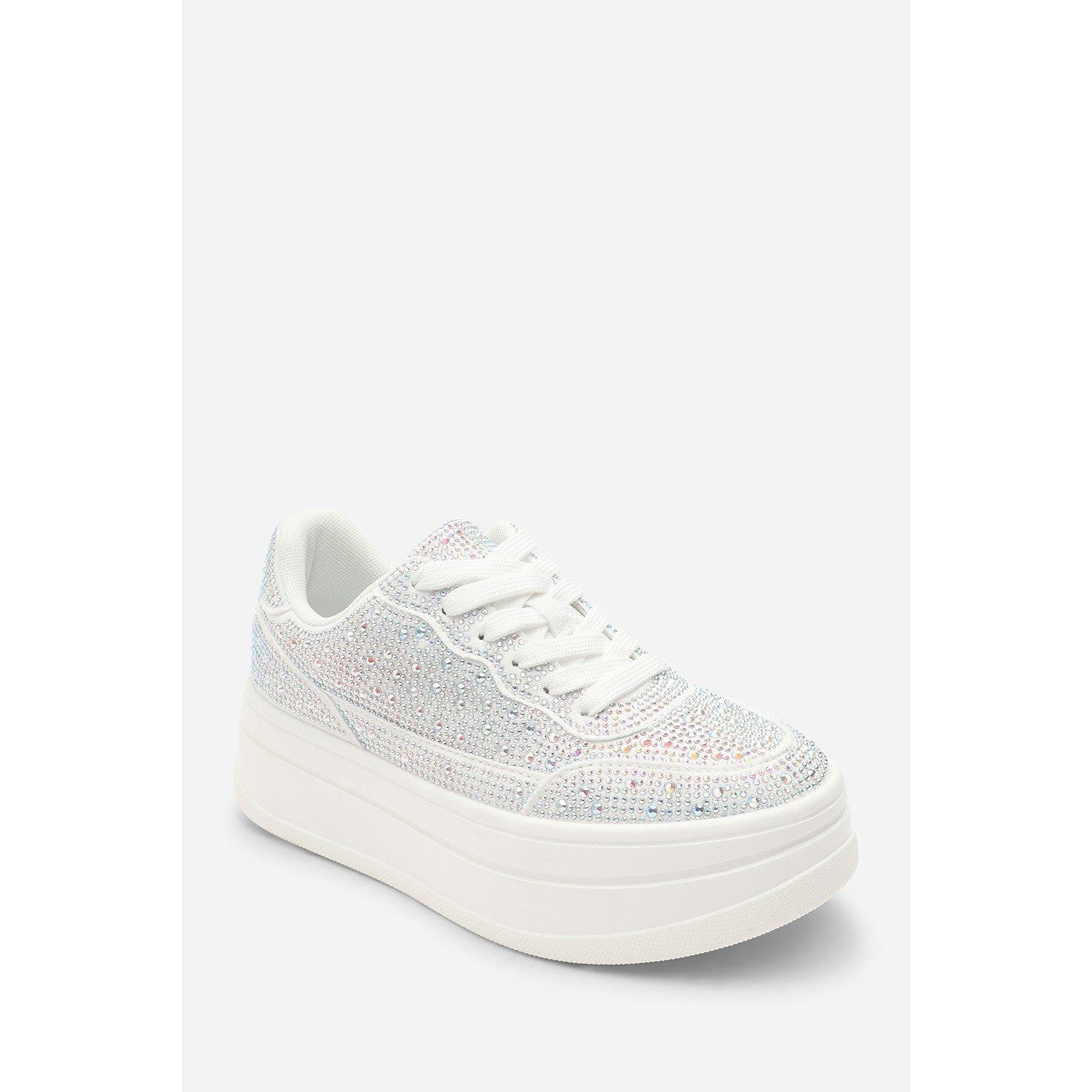 White - Wheres That From - Wedge Lace Up Trainer with Diamante Detail - 3